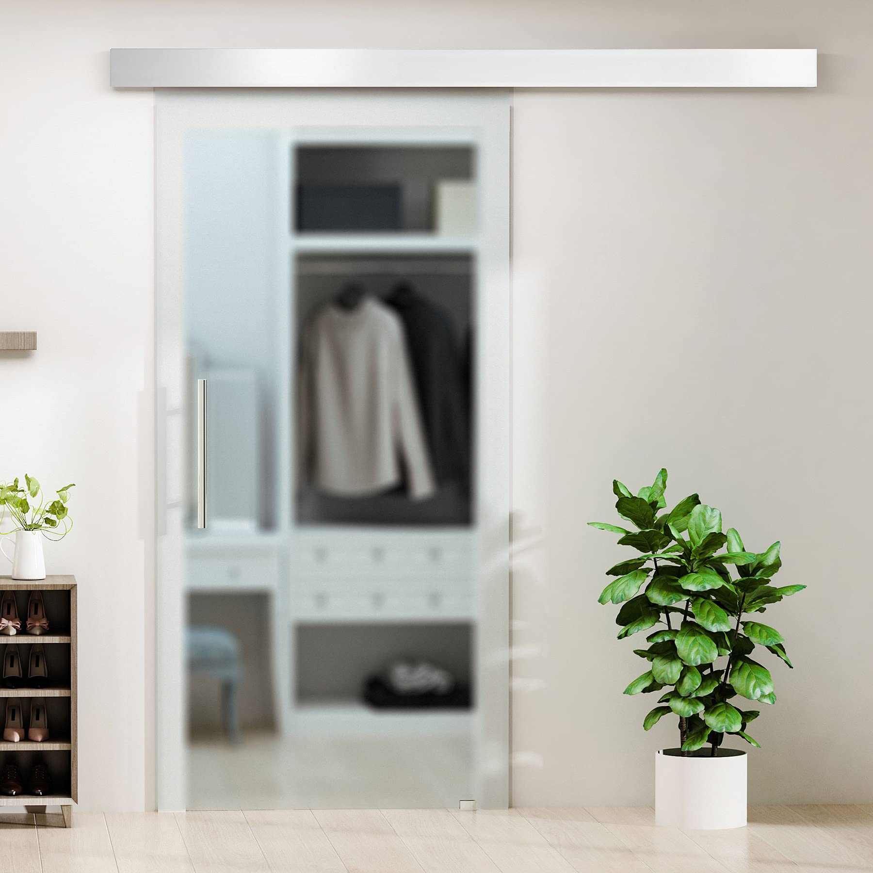 HOMCOM Puerta Corredera 77,5x205 cm Puerta Corrediza de Cristal con Riel Silenciosa para Sala de Estar Comedor Translúcido