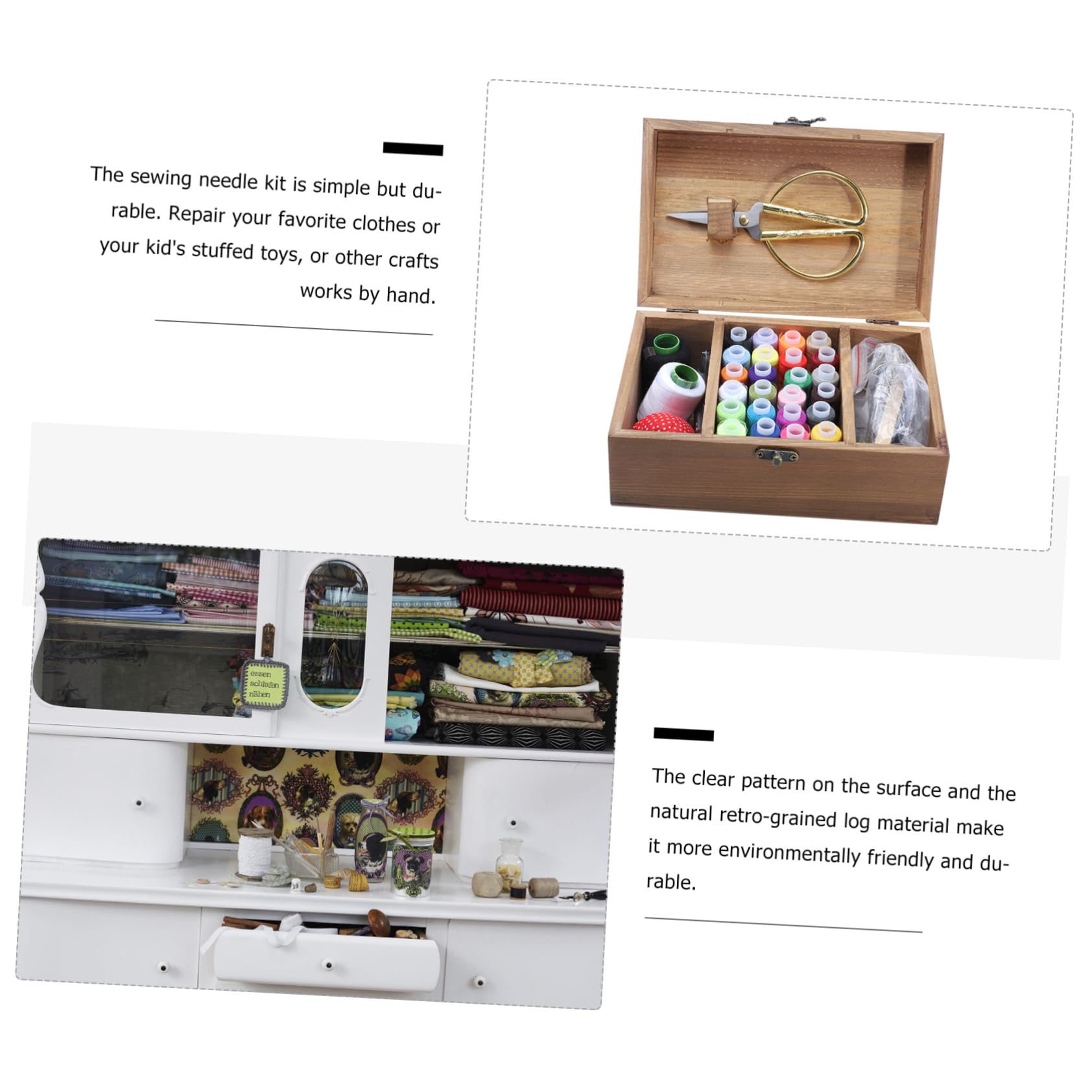 Caja de Kit de Costura de Madera Maciza, Estilo Retro, 1 Juego | Gran Capacidad para Guardar Varios Artículos, Incluye Agujas, Hilos de Colores y Tijeras, Acabado Natural