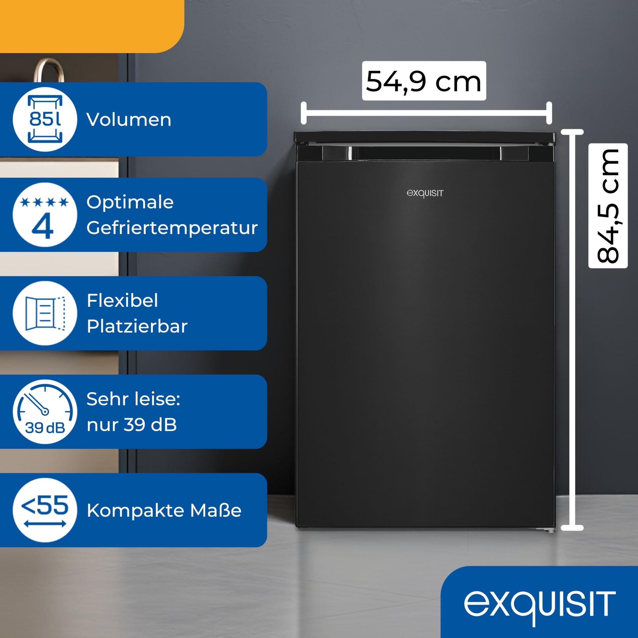 Exquisit GS581-051C Gefrierschrank - 85 l Tiefkühlschrank in Weiß | Kompaktes Standgerät mit Energieklasse C, 4-Sterne-Gefrierfach, 39 dB leisem Betrieb und wechselbarem Türanschlag