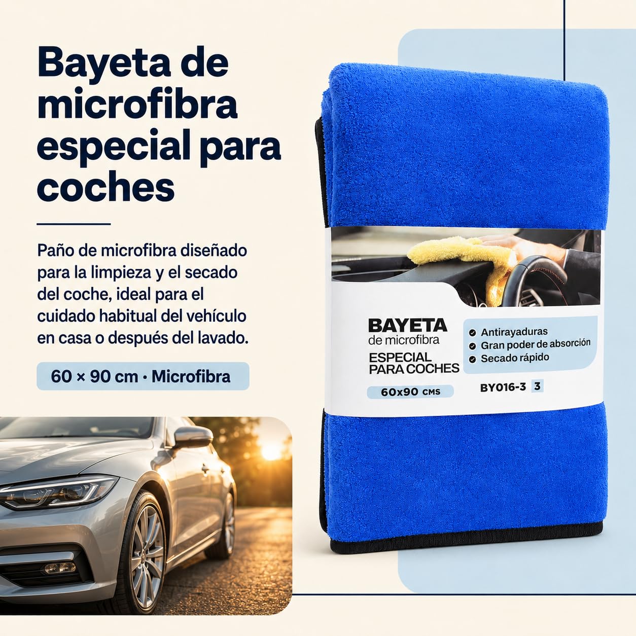 Toalla Secado Coche 60 x 90 cm, Microfibra Absorbente, Azul, Pack de 12