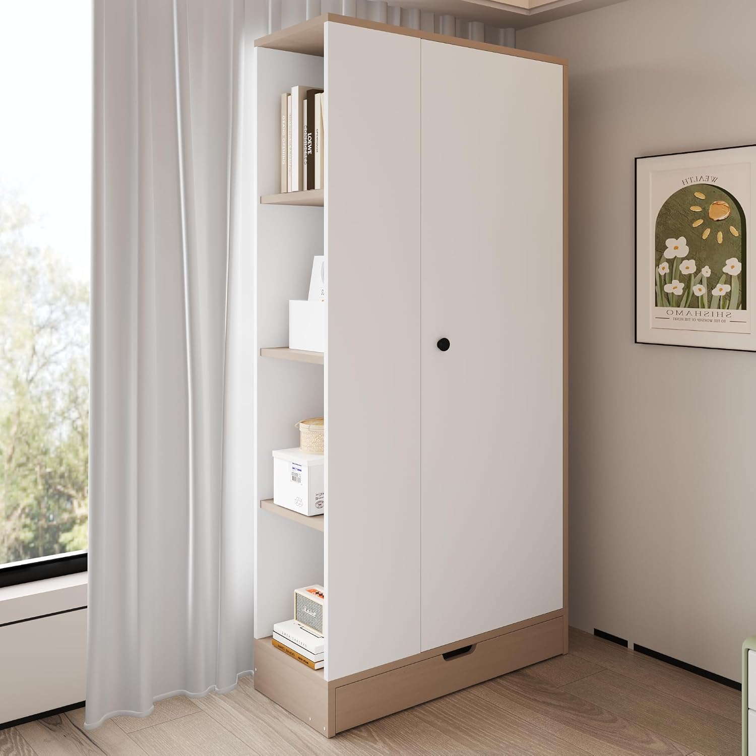 Assembled wardrobe in a room setting, showing its aesthetic appeal and how it fits into a living space.