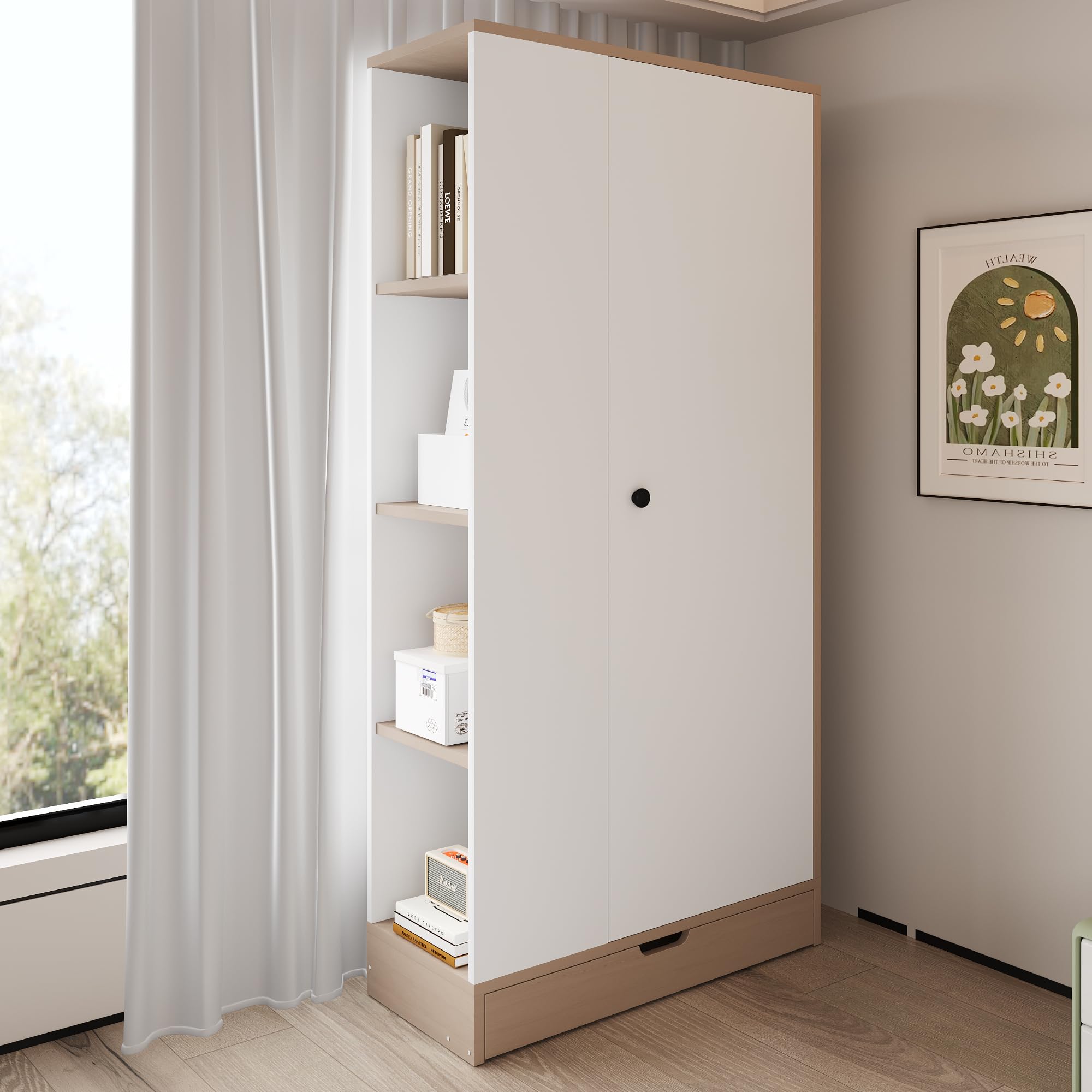 Armario 70 x 40 x 170 cm, acabado de una puerta, con estantes y cajones (color madera natural + blanco)