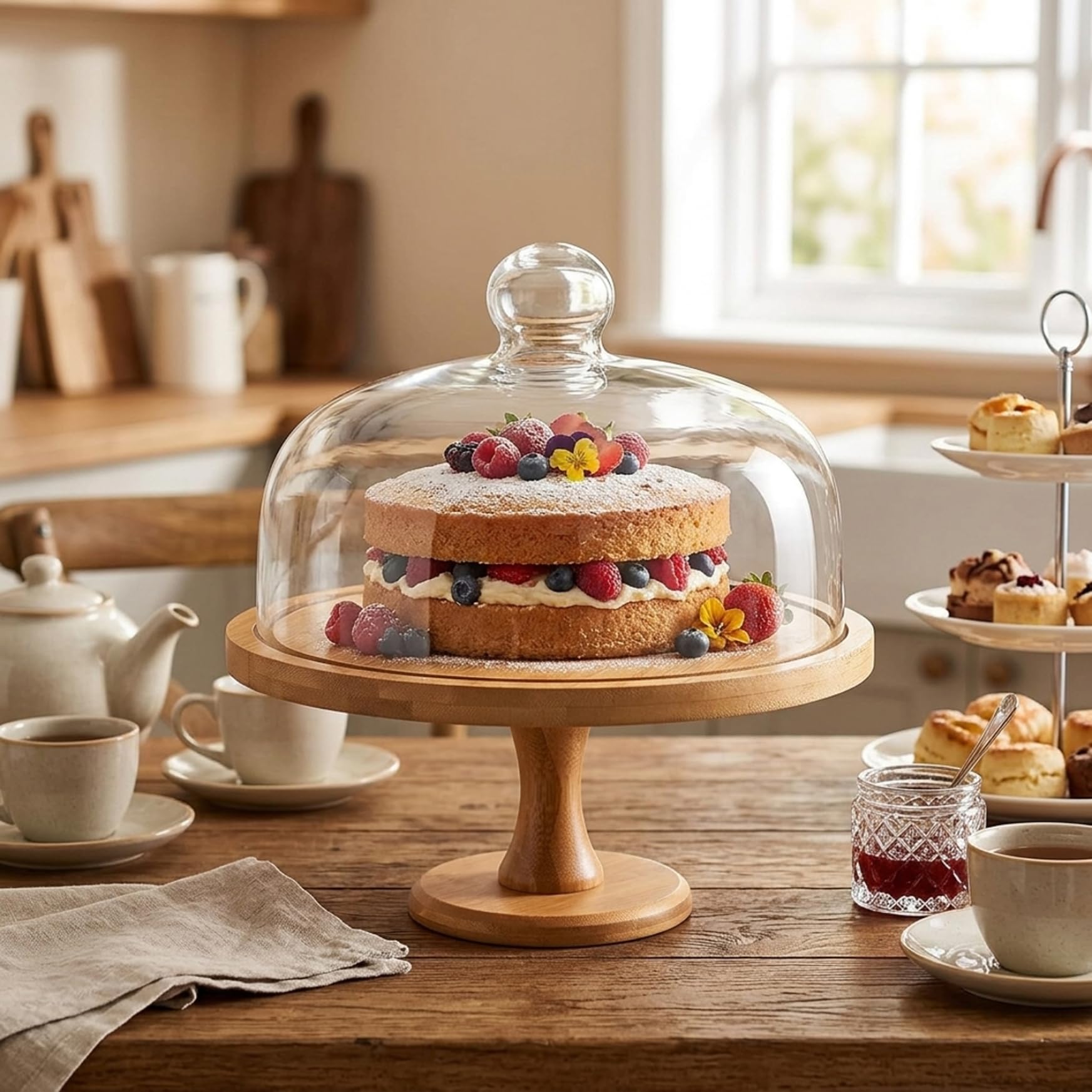 Soporte para tartas con tapa de cúpula, soporte para tartas de madera de 12.0 in con cubierta de cristal para exhibición de bodas y fiestas, diseño resistente de pie alto, de varios niveles p