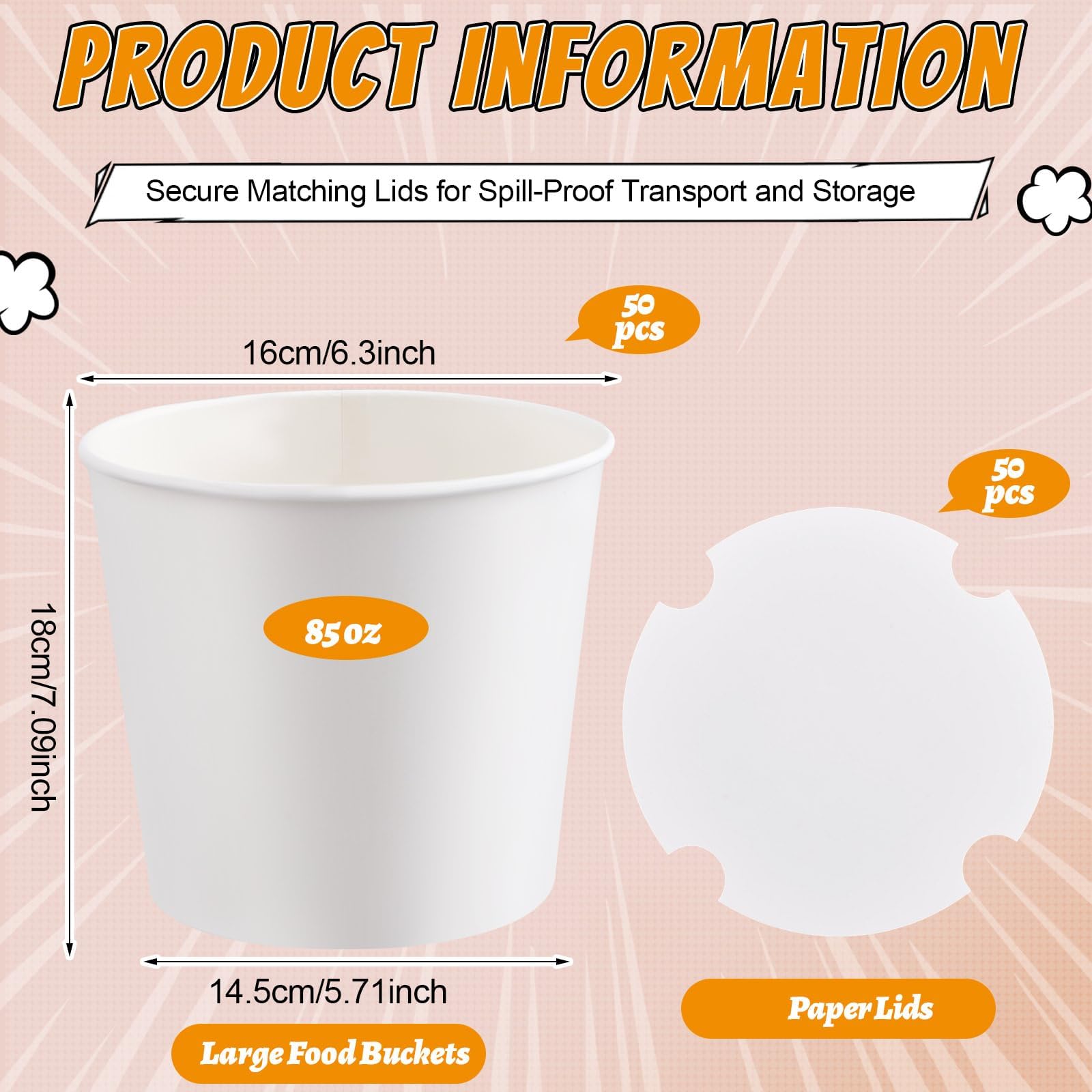 ARQRHTLY 50 secchi usa e getta per popcorn da 2,409,7 g, con coperchi di carta, grandi contenitori bianchi vuoti per popcorn, cibo, snack, feste, serate cinematografiche, carnevale, artigianato fai da
