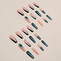 Vista 4 de MISUD Uñas postizas a presión – Uñas postizas largas con punta francesa negra, diseño de diamantes de imitación verde acrílico, 24 piezas