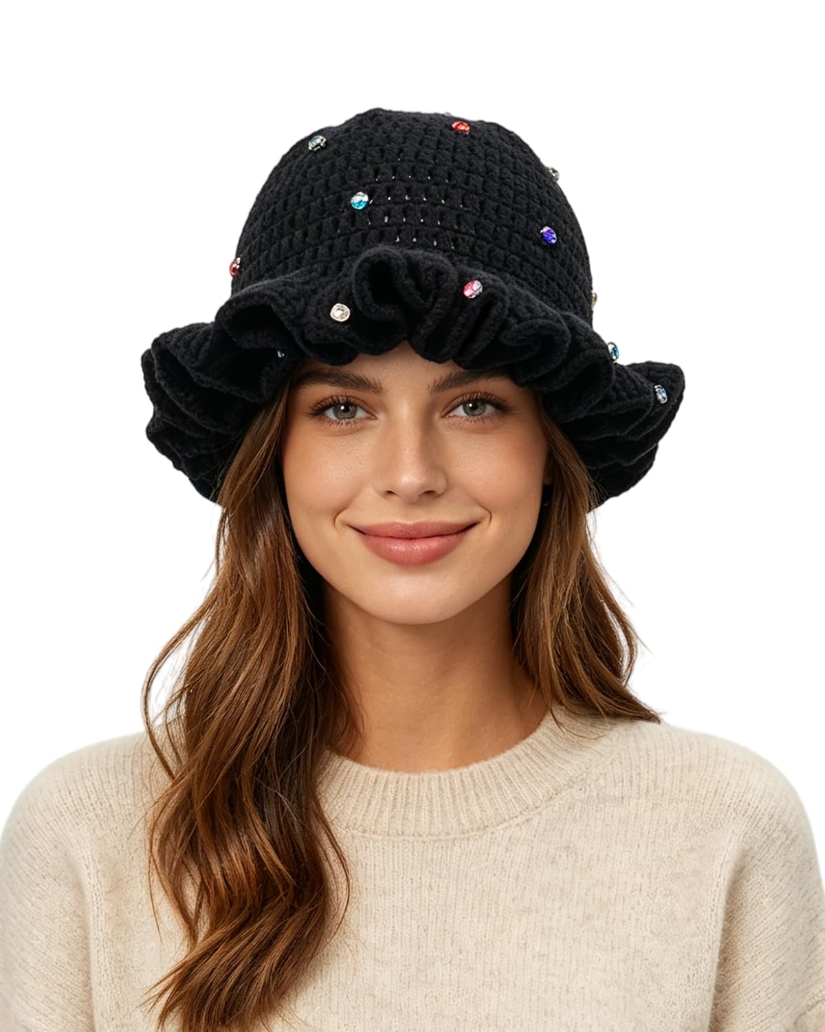 Women Crochet Bucket Hat Cute Winter Ruffled Brim Floppy Cap Handmade Knit Cloche Hats