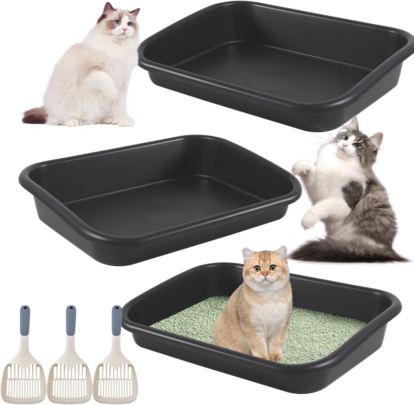 3 Pcs Low Entry Senior Cat Litter Box with Scoop, Extra
