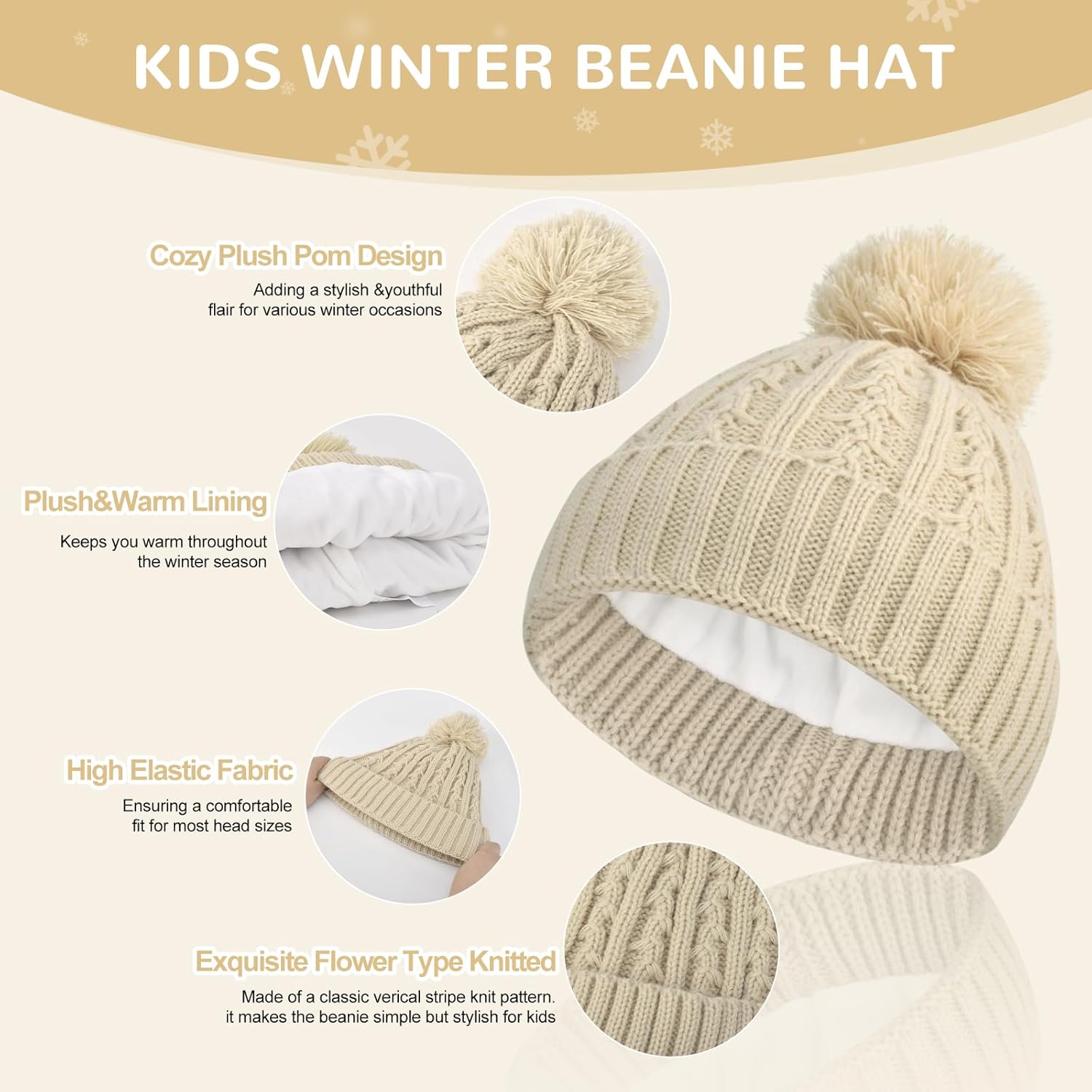 Kids Winter Beanie Gloves Scarf Set Girls Beanie with Pom Knit Neck Warmer Gaiter Mittens Warm Fleece Lined Set - Image 3