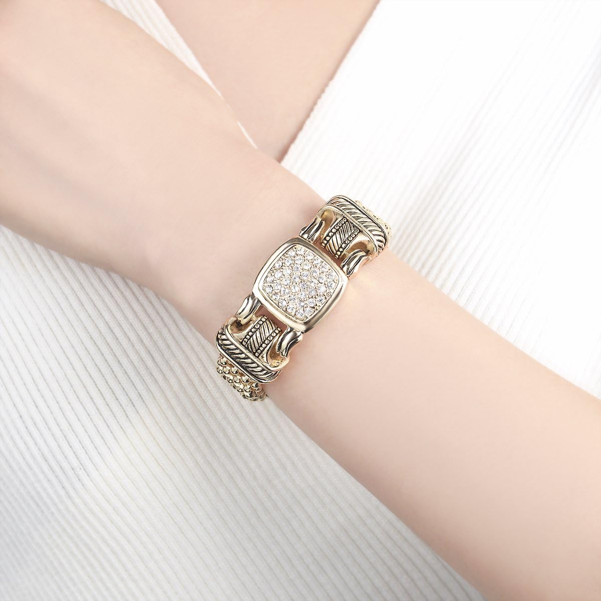 UNY Pave Crystal Bracelet Gold color 6.75 Inch Short Necklace 19 Inch Popcorn Chain