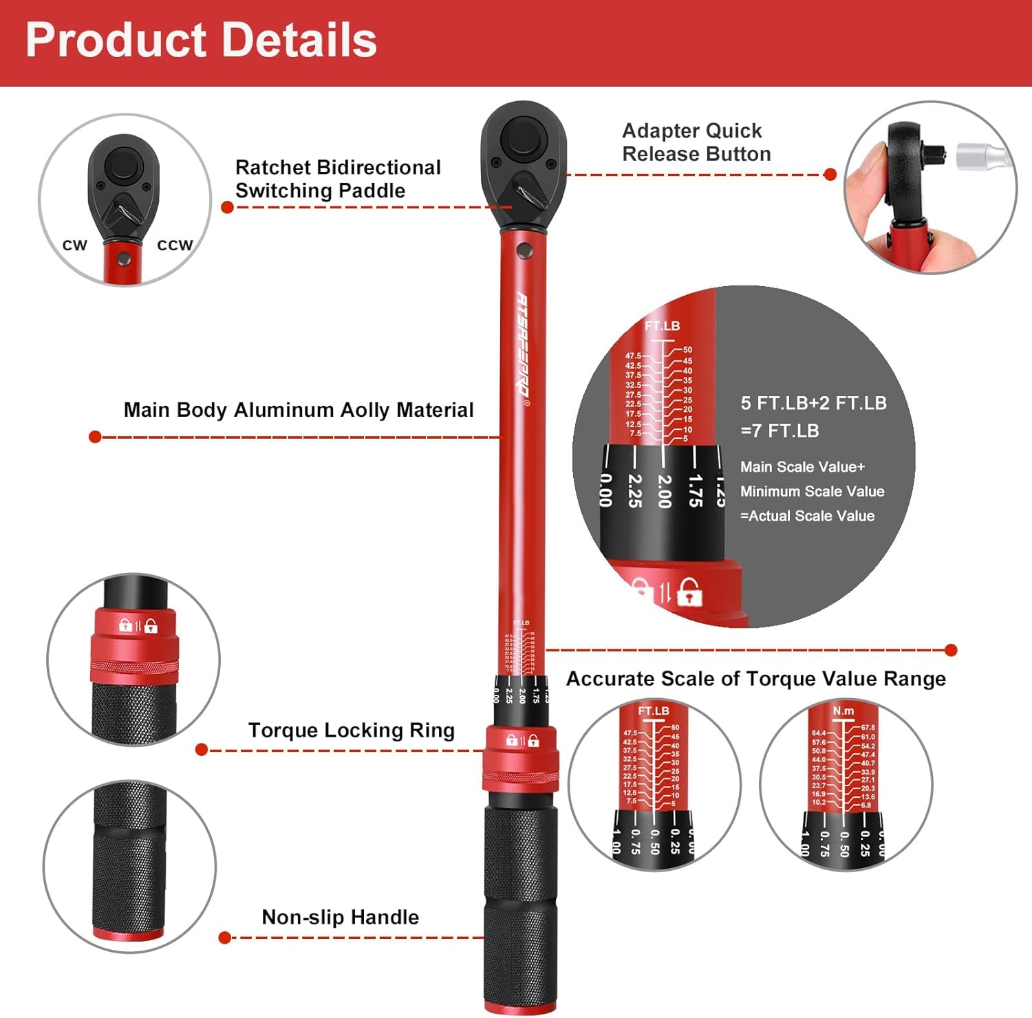 ATsafepro 3/8-Inch Drive Click Torque Wrench,Dual-Direction Adjustable,72-Tooth Dual Range Scales-5-50Ft-Lb/6.8-68Nm,Quick Release Ratchets