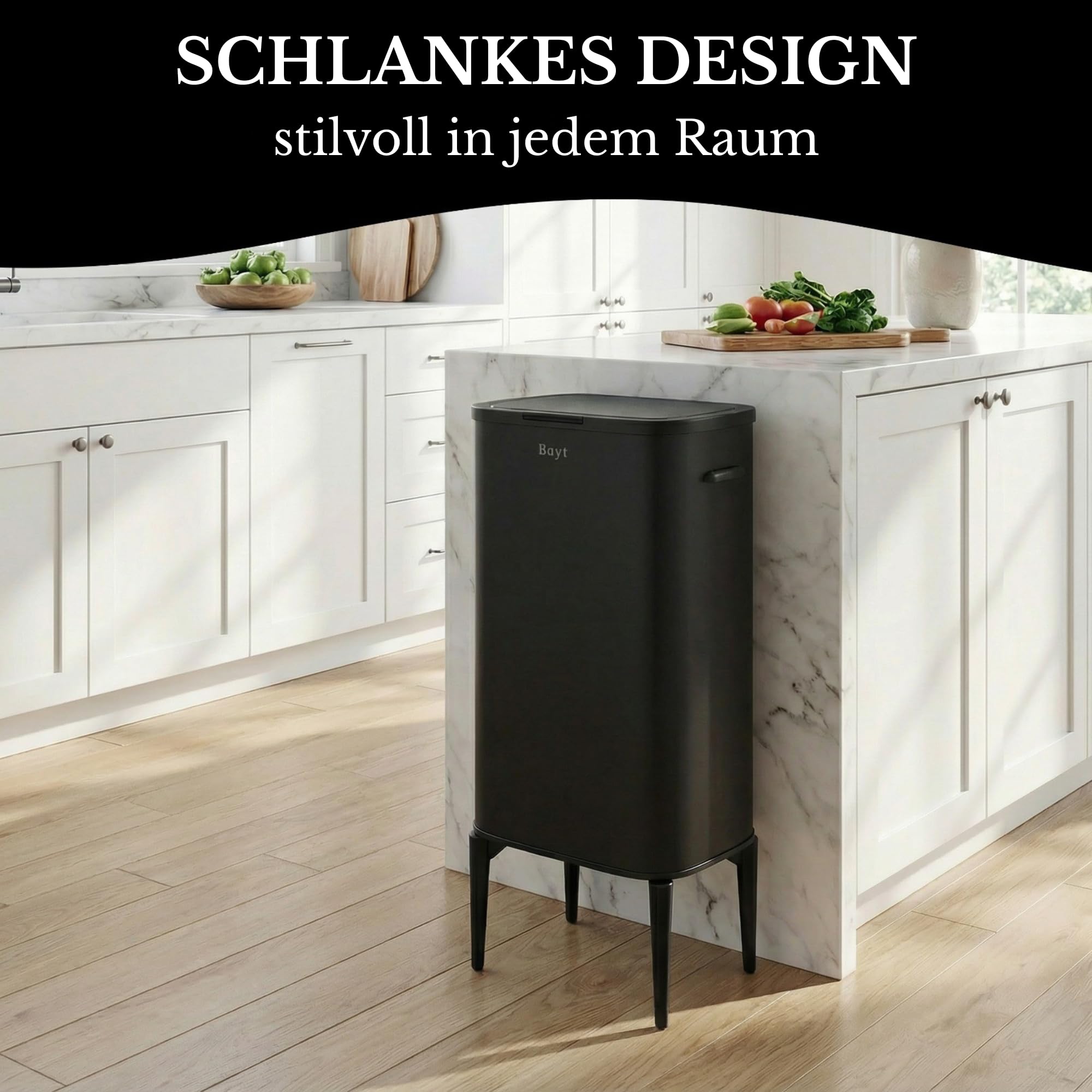 Bayt Abfalleimer mit stabilen Füßen - passend für 60L Müllbeutel - Automatischer Sensor-Mülleimer - Küchenmülleimer - Edelstahl - Schwarz