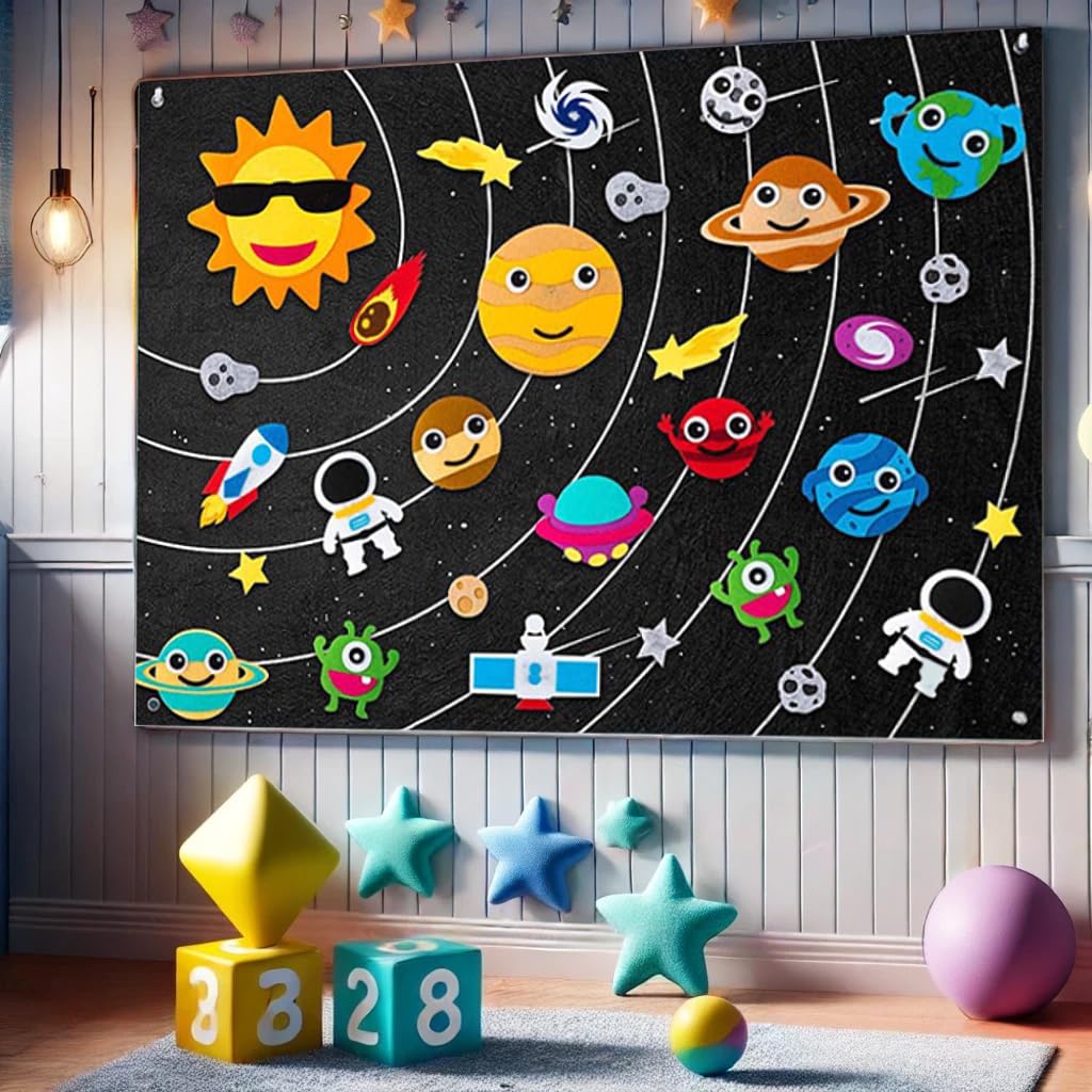 Fühlfilz-Tafel Sonnensystem – 104x75 Cm, Mit Planeten & Figuren, Montessori Lernspiel Für Kinder 1–5 Jahre