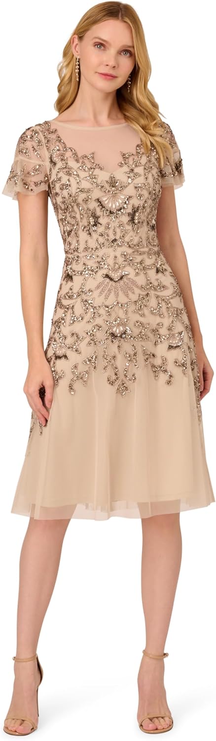 Adrianna Papell Womens Beaded Lace Dress