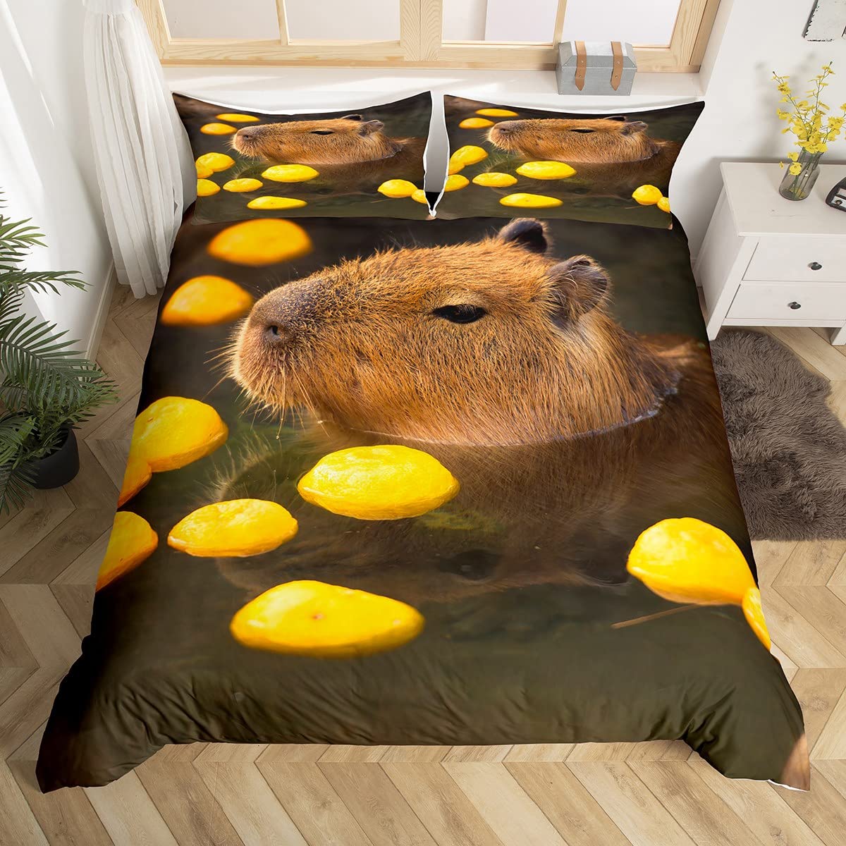 Cute Capybara Comforter Cover King Size,Capybara Bathing in Hot Springs Bedding Set Mouse Rodent Animal Duvet Cover for Kids Teens,Funny Wildlife Quilt Cover 3 Pieces,Capybara Gifts for Men Women — image 1