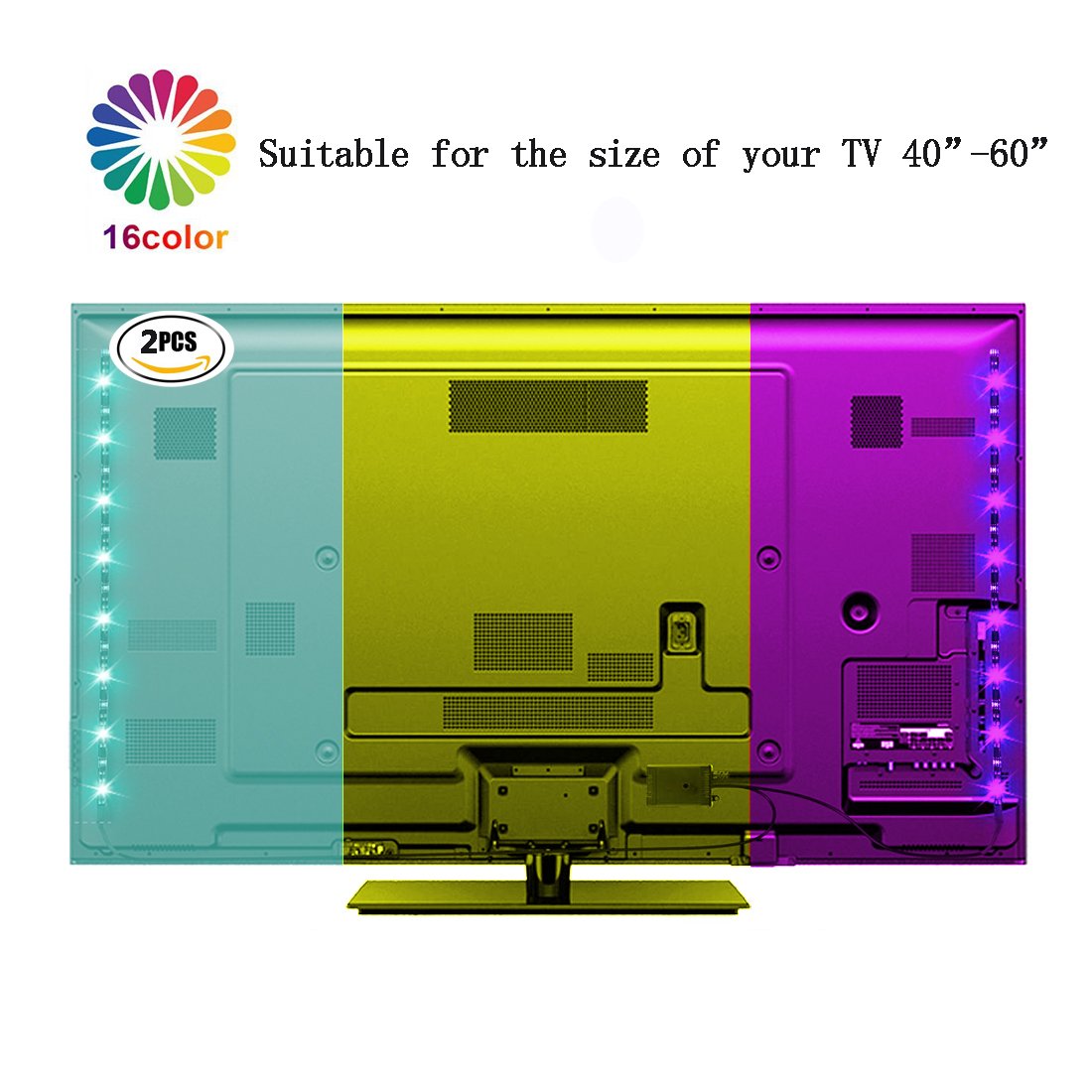 Bias Lighting TV Backlight for HDTV LED Strips Led Lights with Remote Control, 2 RGB LED Strip Home Multi Color RGB LED Neon Accent TV Lighting for Flat Screen TV Accessories, Desktop PC