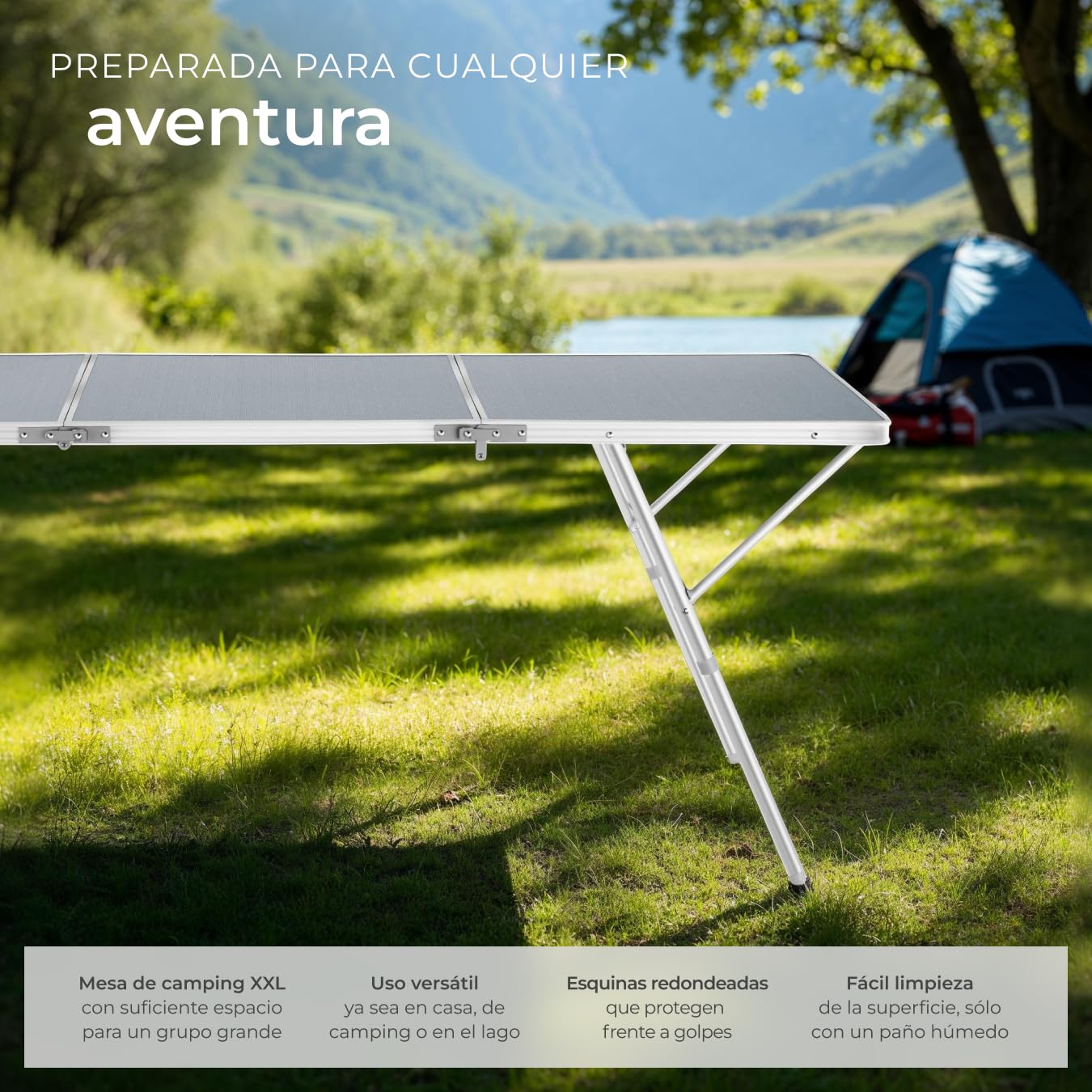 tectake® Mesa Plegable Aluminio, Mesa Camping Plegable con Altura Ajustable, Mesa Jardín Exterior con Asa de Transporte, Resistente a Intemperie, Ideal Acampadas, Jardín, Terraza, Picnic, 180x70x70cm