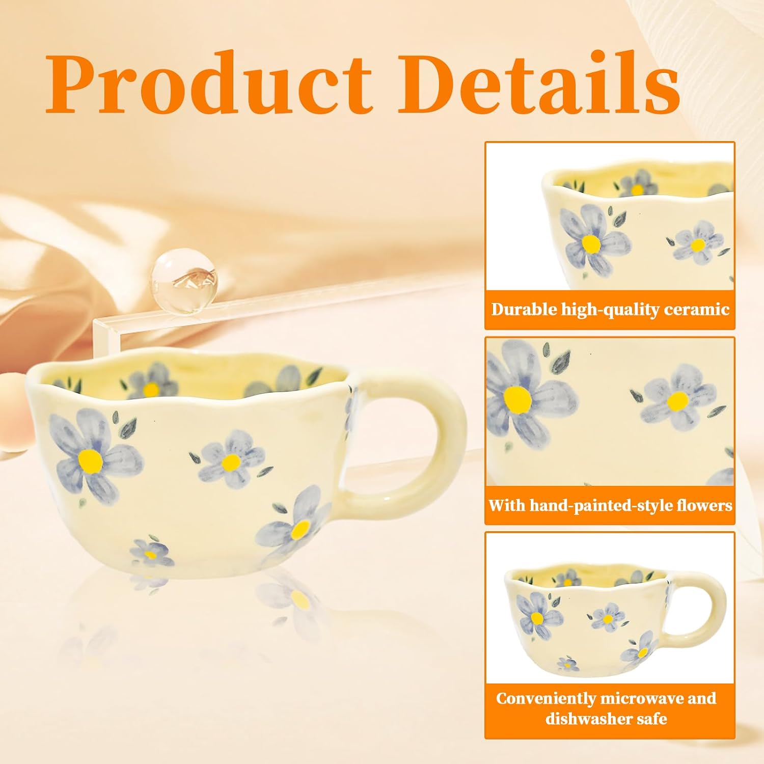 8.5 oz Elegant Floral Ceramic Mug Coffee Cup with Flower Decorations, 250ml Spring Drinkware for Valentine's Day, Christmas, Mother's Day, Birthday Gifts for Her, Girlfriend, Mom (Blue Flower)