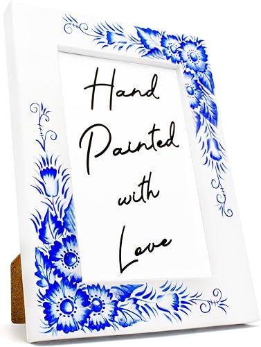 AEVVV 4x6 White Blue Picture Frame with Russian Gzhel Ornament Desk Decor, Wall Decor, Photo Gallery - Unique Wooden Picture Frame - White Photo