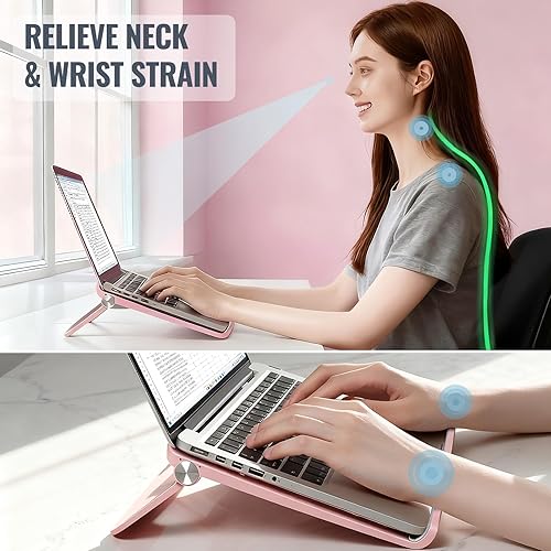 Miniatura 2 de Bonito soporte rosa para computadora portátil para escritorio, elevador plegable y portátil ajustable con almohadillas antideslizantes de silicona,