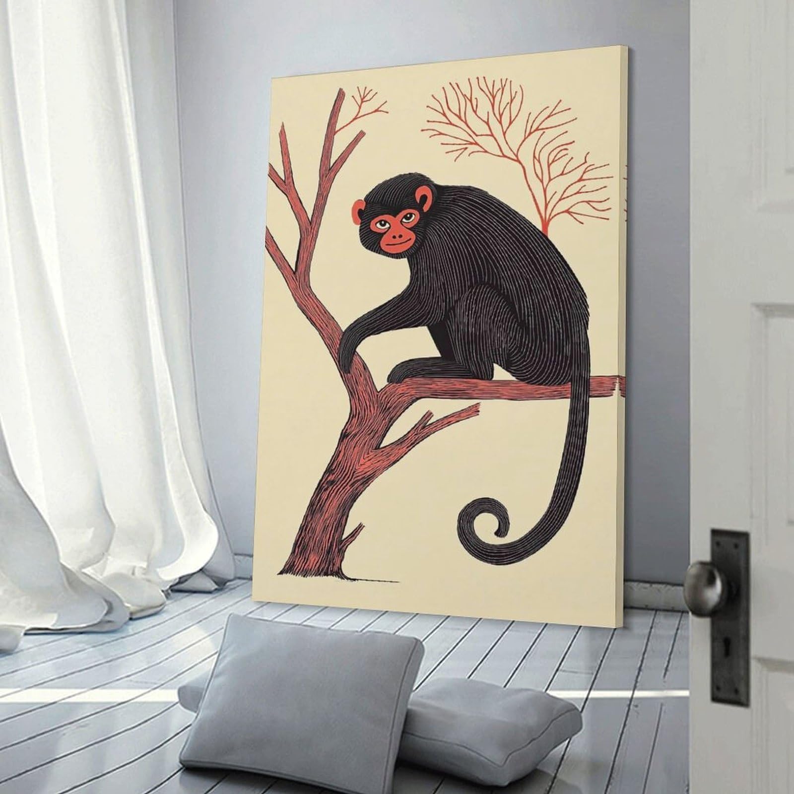 Junmoney Frame-Style-20 Black Monkey On Branch Decorative Canvas Print, 24X36inch(60X90cm), For Gallery Wall Decor And Room Displays, Wall Decor Suited To Curated Displays