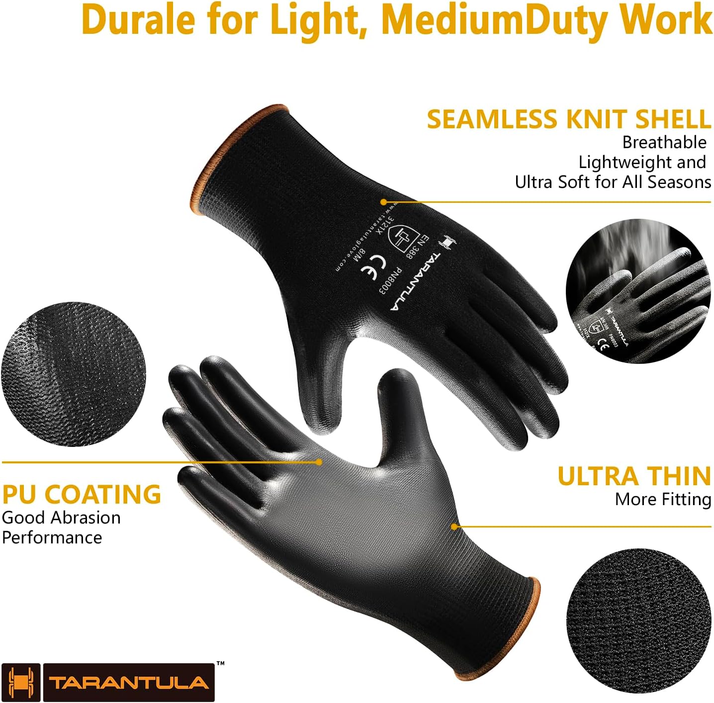 Tarantula Ultra-Thin PU Coated Work Gloves-12 Pairs,Excellent Grip,Nylon Shell Black Polyurethane Coated Safety Work Gloves, Knit Wrist Cuff,Ideal for Light Duty Work. Medium - Image 2