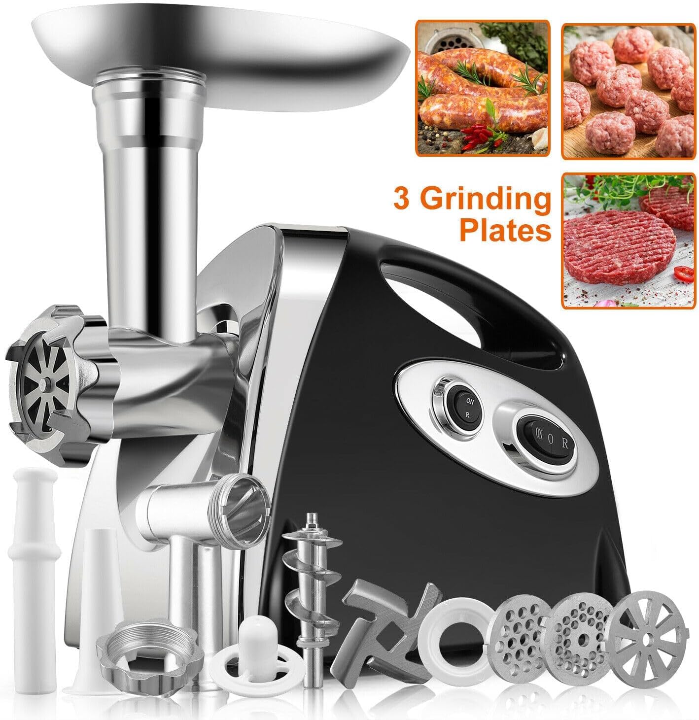 ELEOPTION Electric Meat Grinder Sausage Stuffer Maker Meat Grinders Electric Food Processor, Home Food Mincer Meat Grind Steel with 3 Grinding Plates