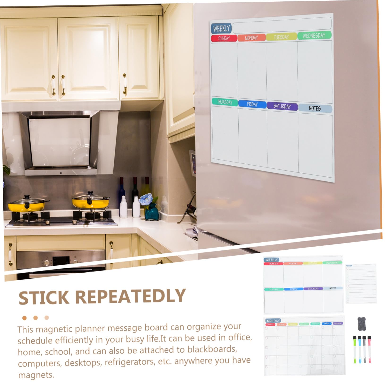 TEHAUX 4ensembles Tableau Magnétique Effaçable Pour Frigo Calendrier Semainier Et Mensuel Réutilisable Organisateur De Planning Avec Marqueurs Et Effaceur Pour Maison Famille