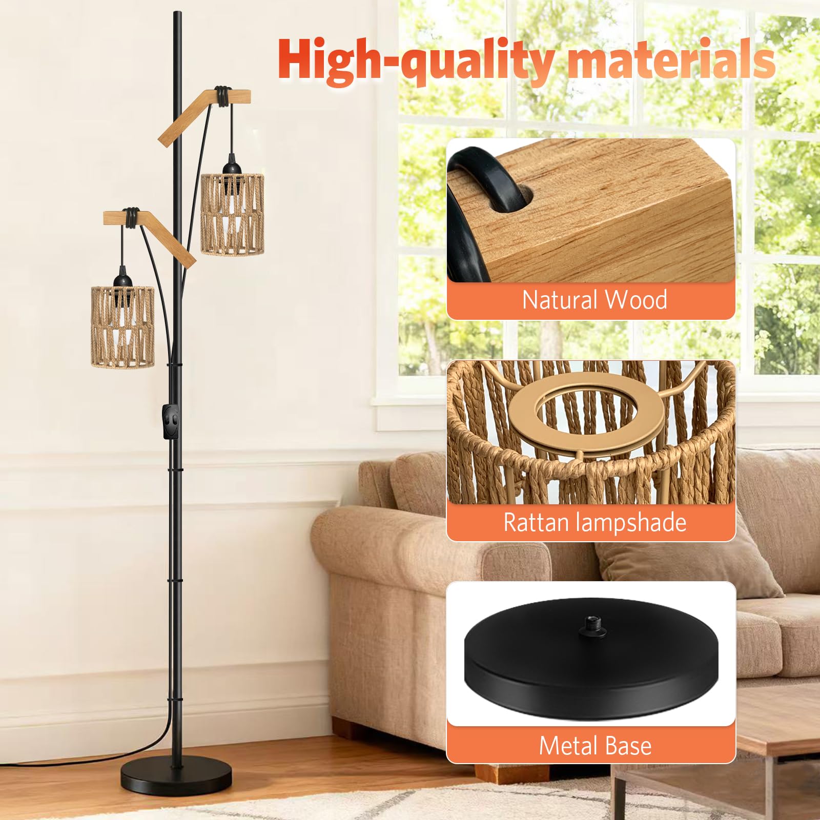 BBHome lampadaire sur pied Boho pour Salon, Lampadaire Bois 2 Lumières et Métal, Lampadaire Boho avec Abat-jour en Rotin, Lampe Industriel pour la Chambre, Salon, Bureau, Noir, Ampoule non Incluse