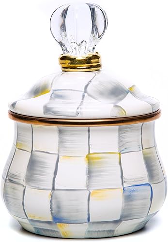 MACKENZIE-CHILDS Azucarero con tapa esmaltada, tazón pequeño para servir con tapa, capacidad de 10 onzas, cuadros de ley gris y blanco