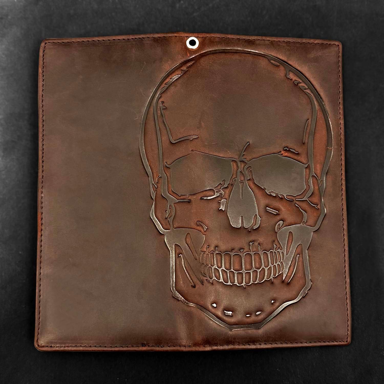 Skull Long Bifold Wallet for Men Full Grain Cowhide Genuine Leather Biker Wallet with Chain, RFID-Blocking, Brown