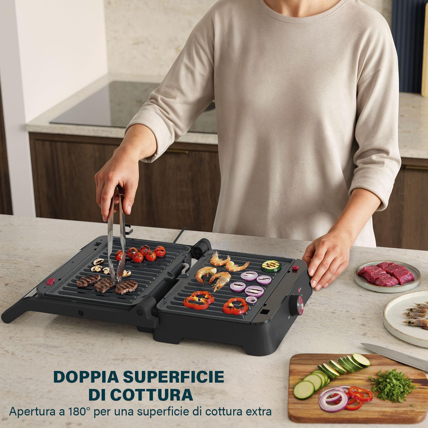 Princess Grill a Contatto, Apertura 180°, Piastre Rimovibili, Termostato Regolabile, Senza PFAS, Raccoglitore di Grassi, 1500 W, Superficie 27,5 x 18 cm, Acciaio Inox, 117502