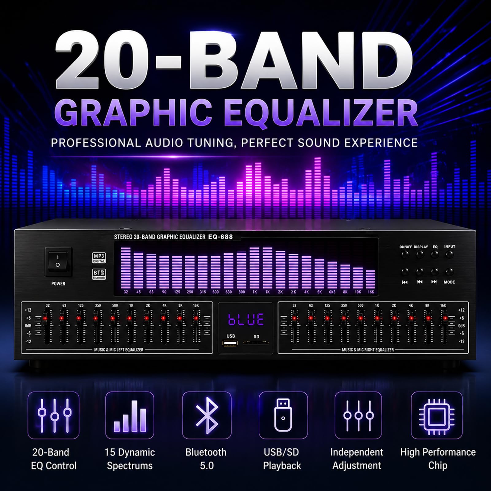 Égaliseur graphique stéréo, égaliseur numérique 20 bandes avec affichage LED, 15 modes dynamiques, télécommande, réduction du bruit pour studio et audio domestique