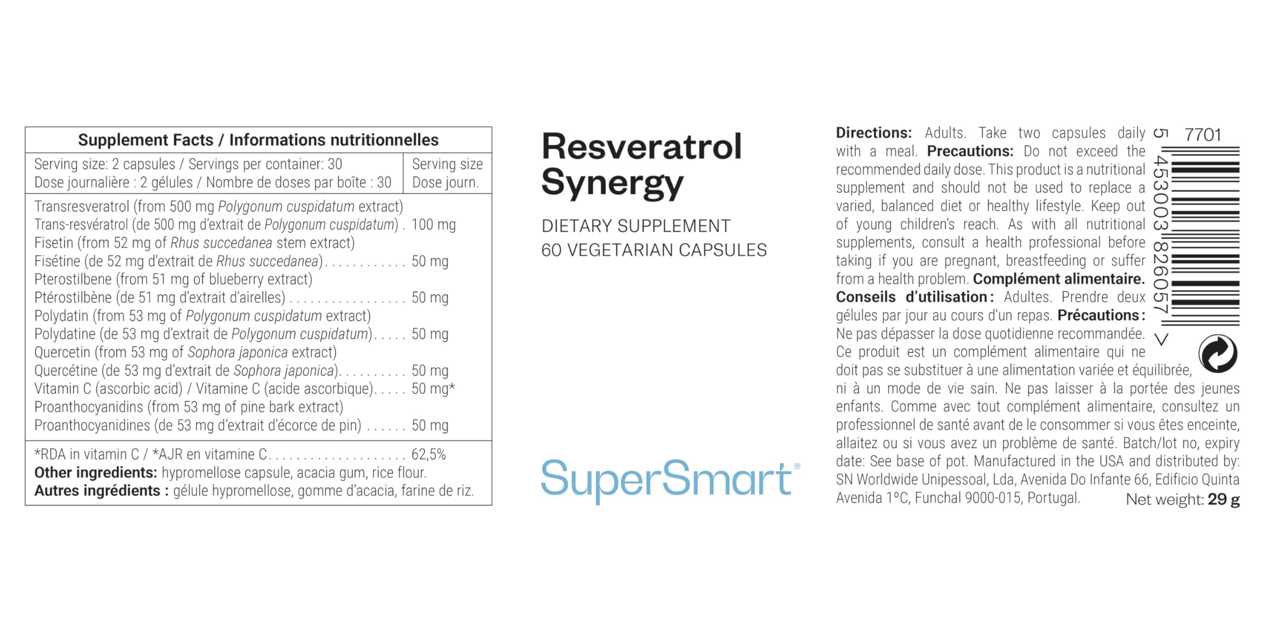 Resveratrol Synergy - Puissants Antioxydants Naturels (Fisétine, Ptérostilbène, Quercétine, Polydatine, Proanthocyanidines) - Aide à Combattre le Stress Oxydatif - Vegan - Sans Gluten - SuperSmart