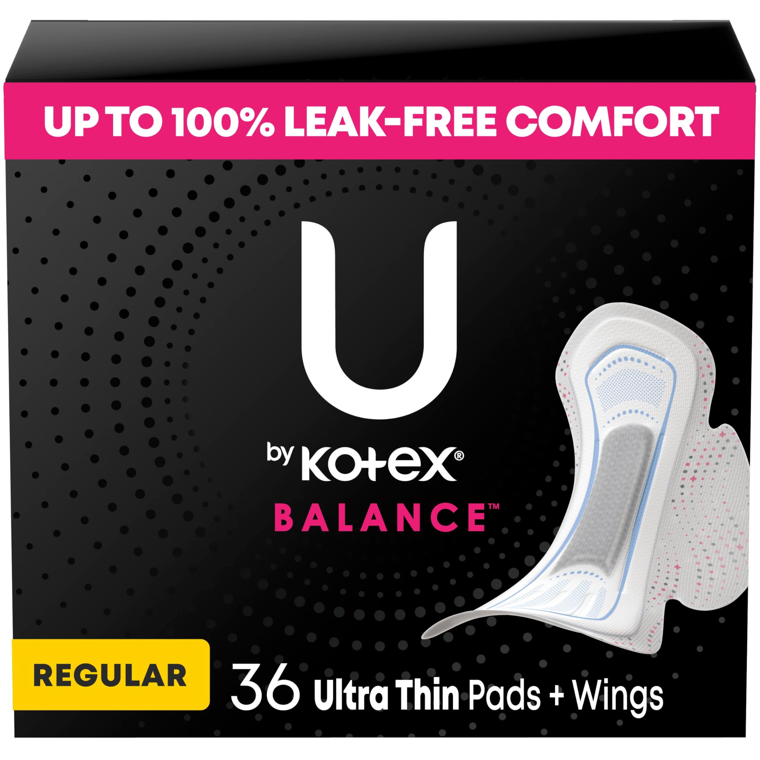 U by Kotex Balance Ultra Thin Pads with Wings, Regular Absorbency, 36 Count (Packaging May Vary)