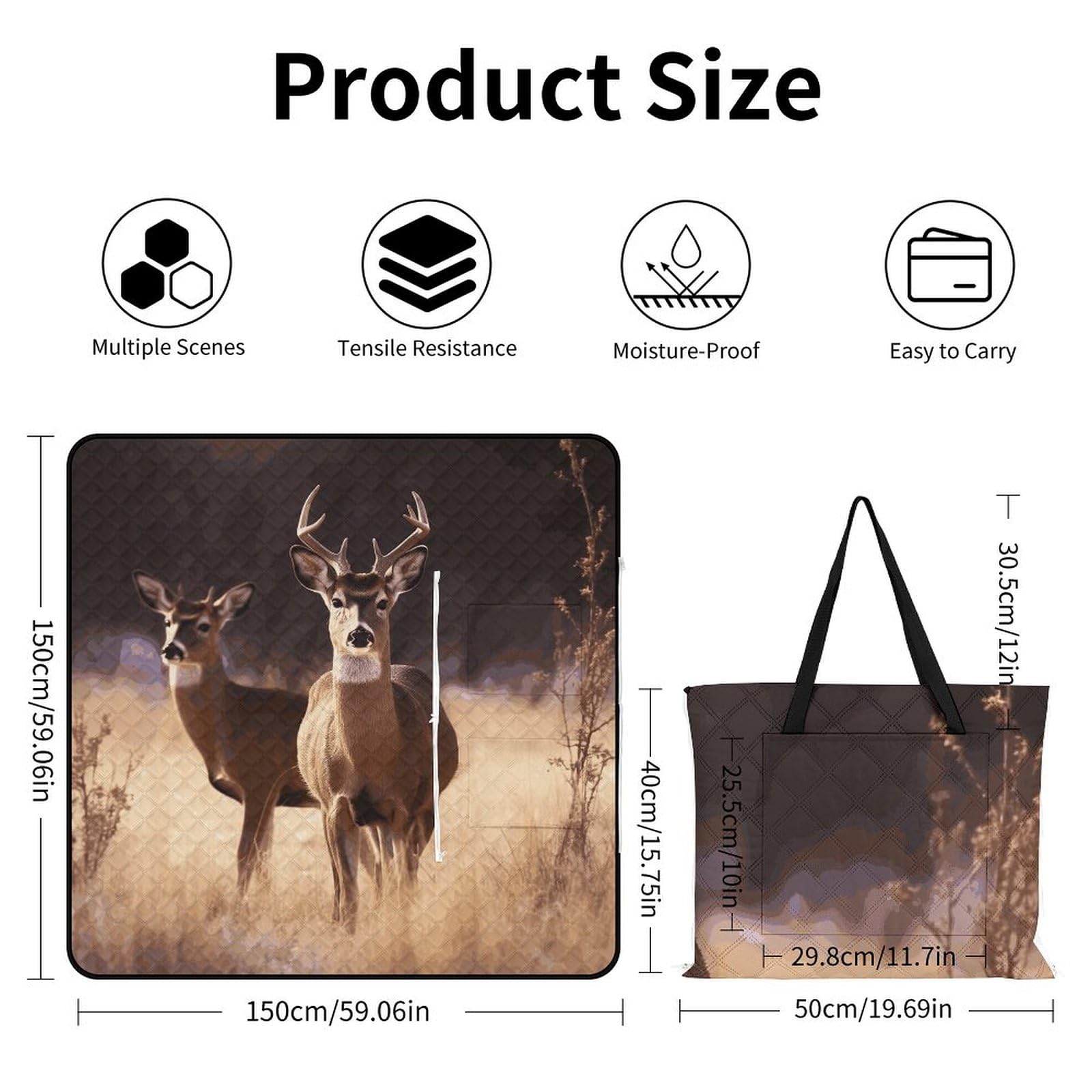 Manta de picnic y playa, manta de picnic portátil, grande, con estampado de ciervos, plegable, duradera, para playa, camping, césped, parque, accesorios