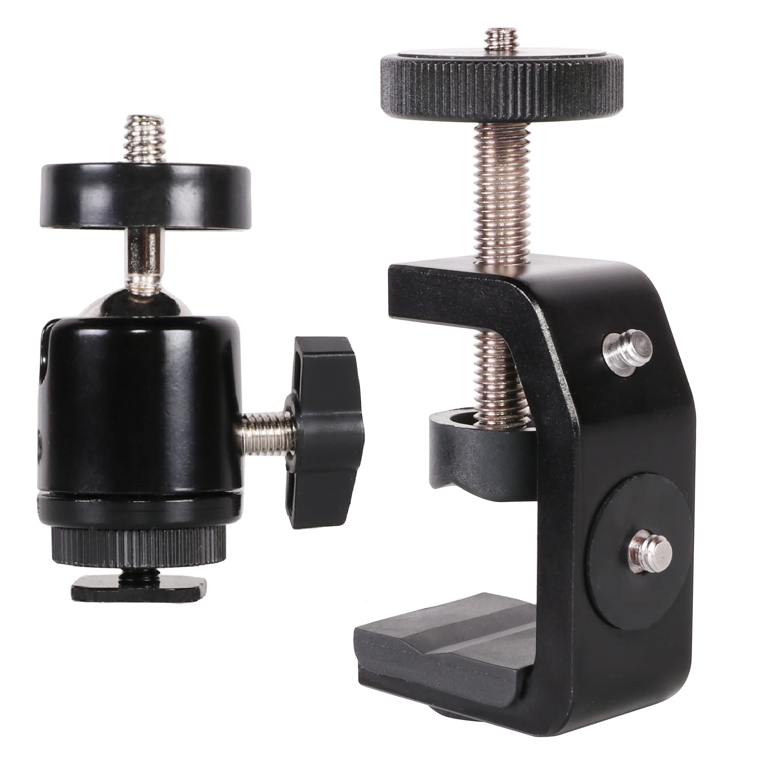 QYXINC Adjustable C Clamp with Hot Shoe Mount Adapter 360 Degree Swivel Mini Ball Head with 1/4� Thread for DSLR Camera, Action Camera, Light Stand, Worktables, Rods, Bicycles etc.