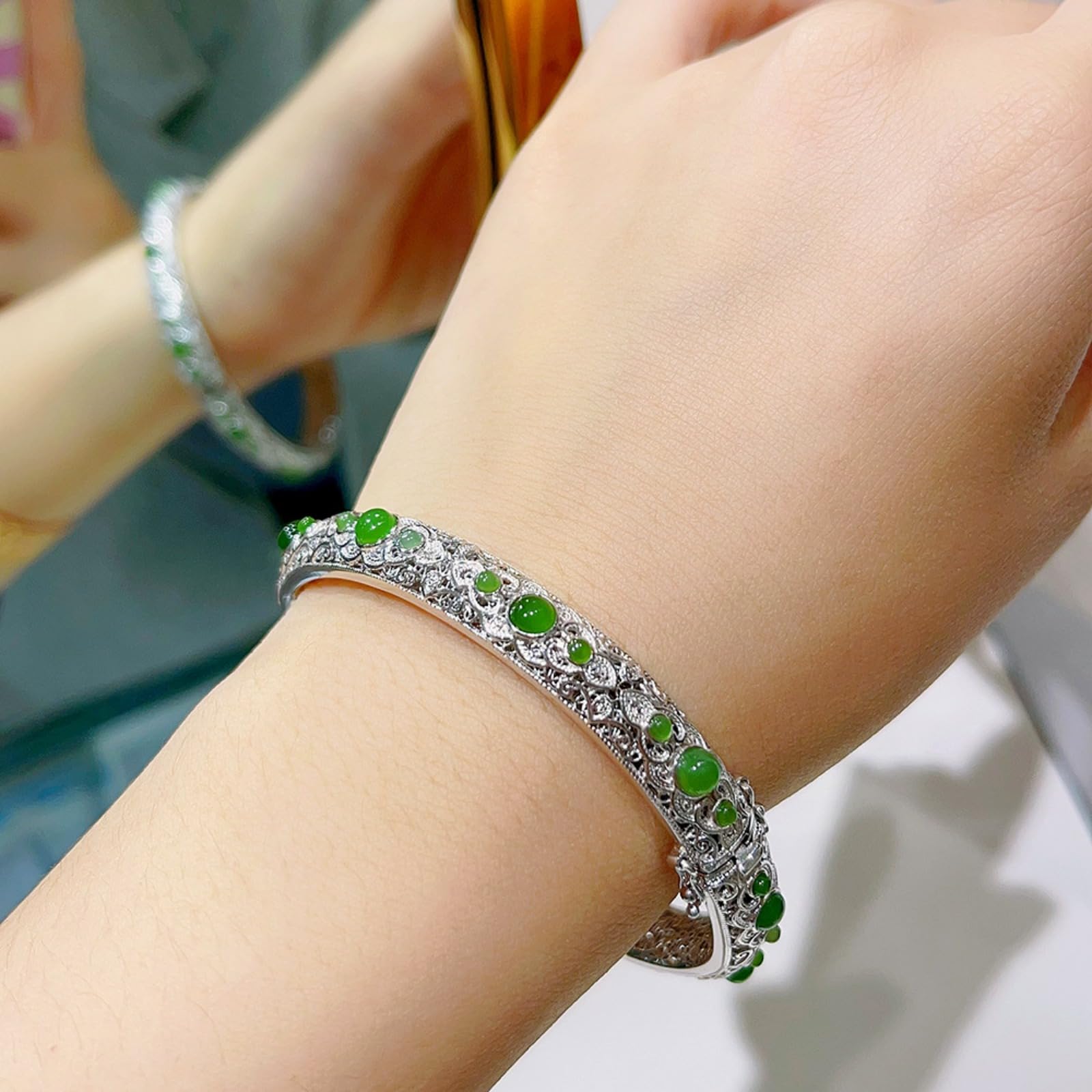 Braccialetti d'argento, braccialetti da braccialet Bracciale rigido traforato in argento sterling S925 con diaspro, artigianato tradizionale, accessorio perfetto for l'appuntamento