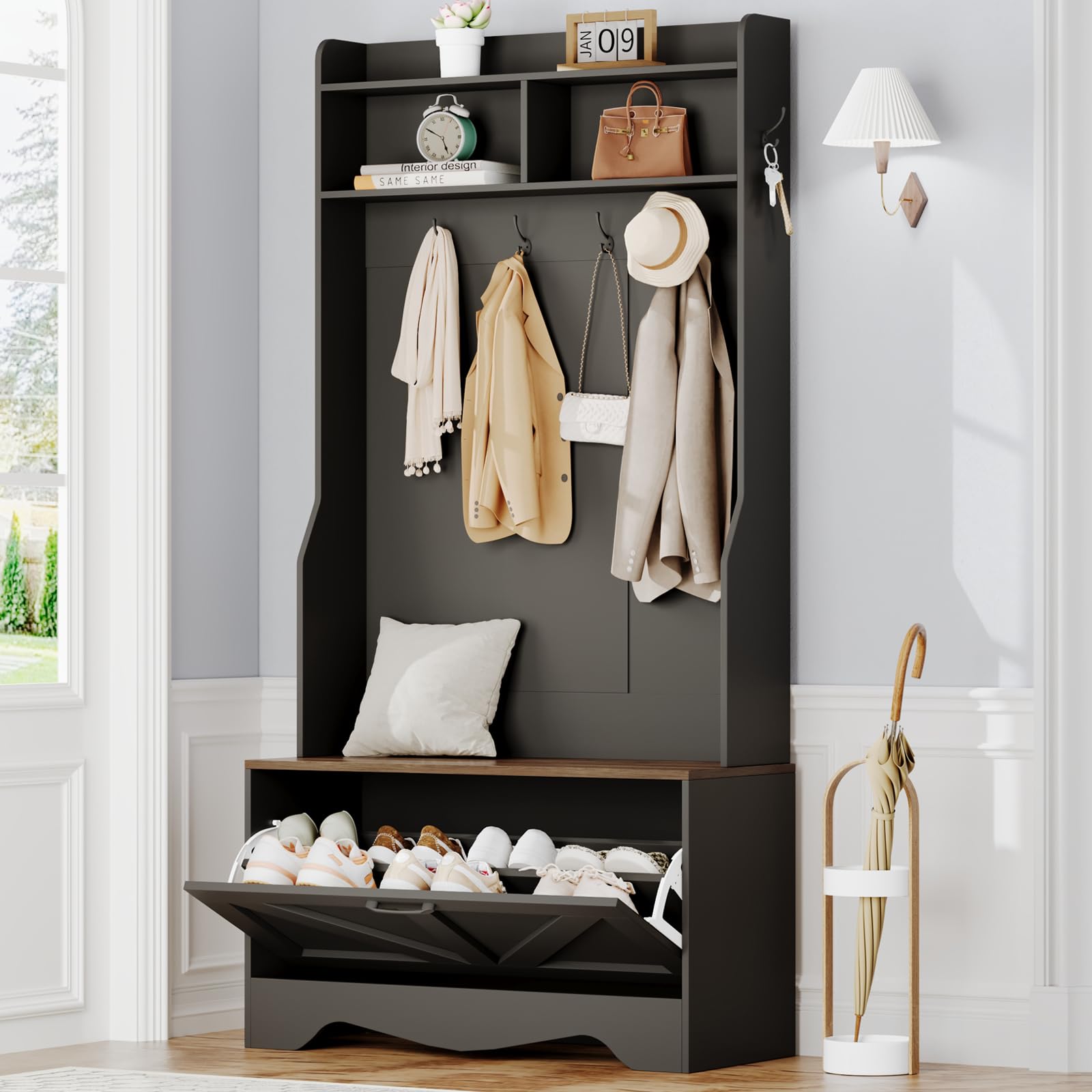 DSNAPE Hall Tree with Bench, Entryway Bench with Coat Rack and Shoe Cabinet, Flip Drawers, Farmhouse Hall Tree with Shoe Organizer, Black and Walnut