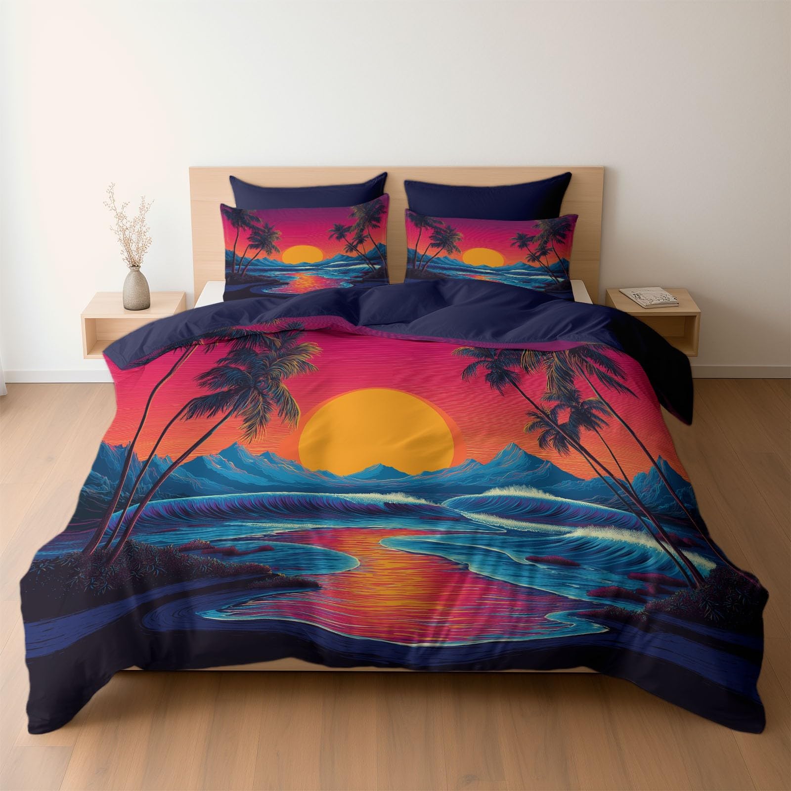 Parure de lit océan et coucher de soleil pour une chambre moderne violette