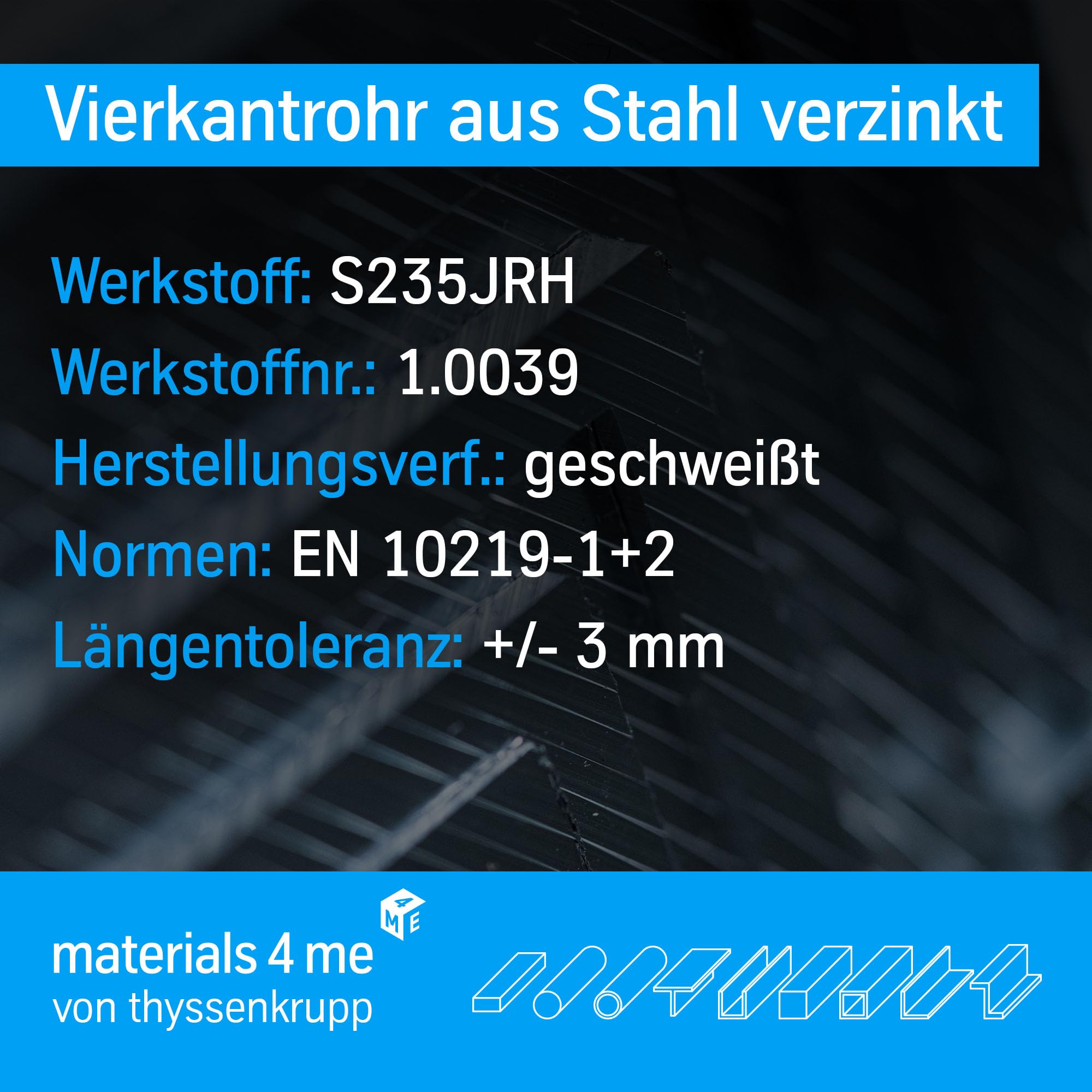 thyssenkrupp Vierkantrohr Stahl verzinkt 40x40x2 mm – 2000 mm | Stahlprofil | Rechteckrohr geschweißt | robust & vielseitig einsetzbar | Werkstoff: S235JRH