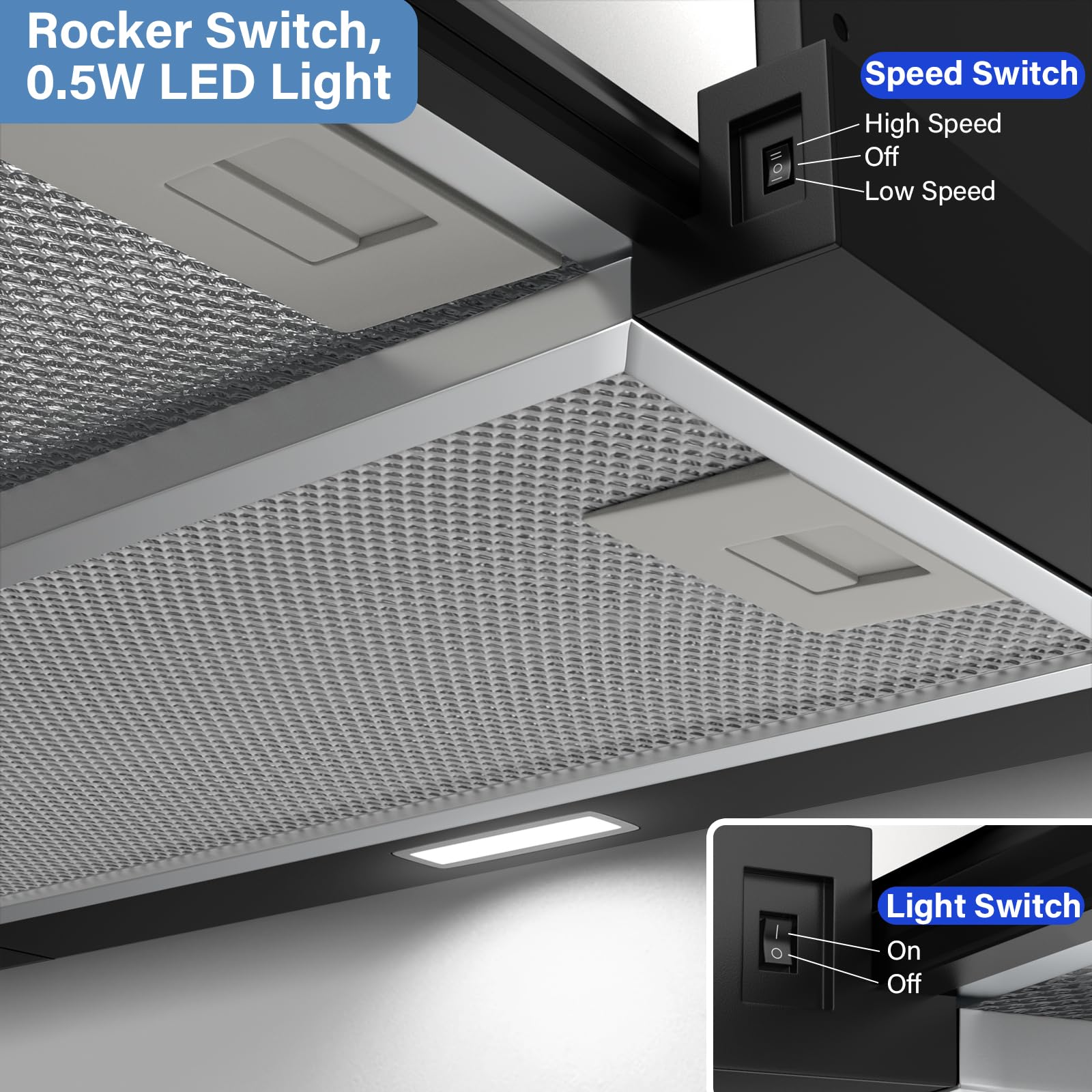 Flachschirmhaube Dunstabzugshaube 60 cm A+++ 400 m³/h Einbau Abluft Teleskopischer Aluminiumfilter LED-Beleuchtung