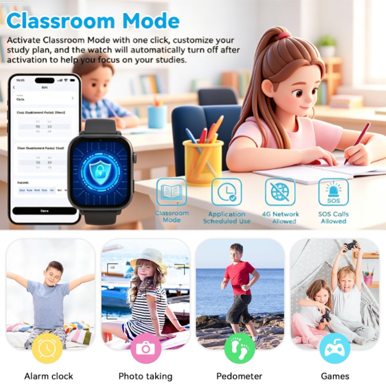Berilona 4G Orologio da polso per bambini, GPS Smartwatch per ragazze ragazzi con chiamate/video/chat vocale, SOS, modalità scuola, allarme, pedometro, giochi smart watch per bambini 4-12 regalo, nero