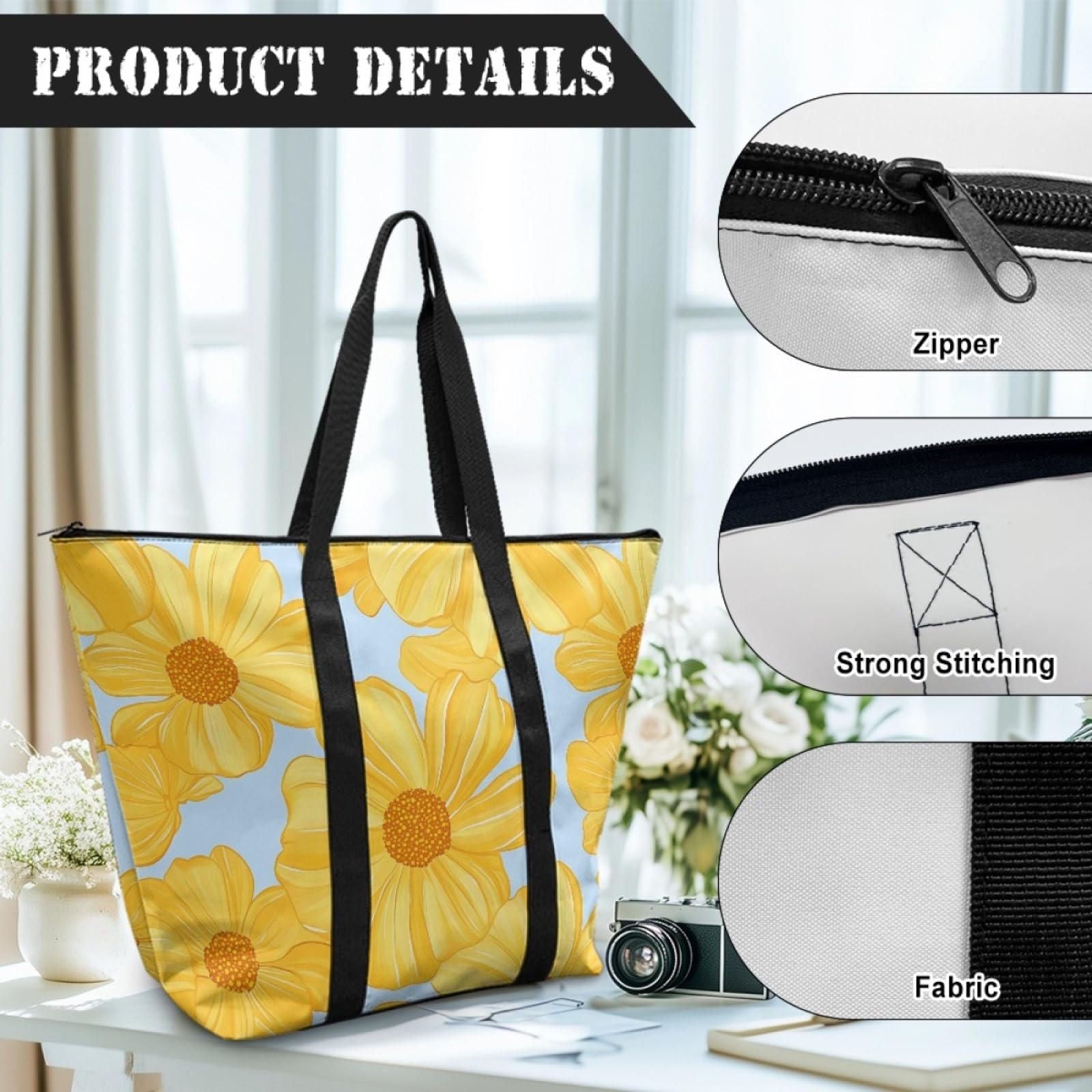 Tote Bag Tela Bolsa Tela Poliéster Bolsa Compra Plegable Bolso de Mano de Mujer Reutilizable Totebag Playa Cremallera Duradero Bolso Viaje