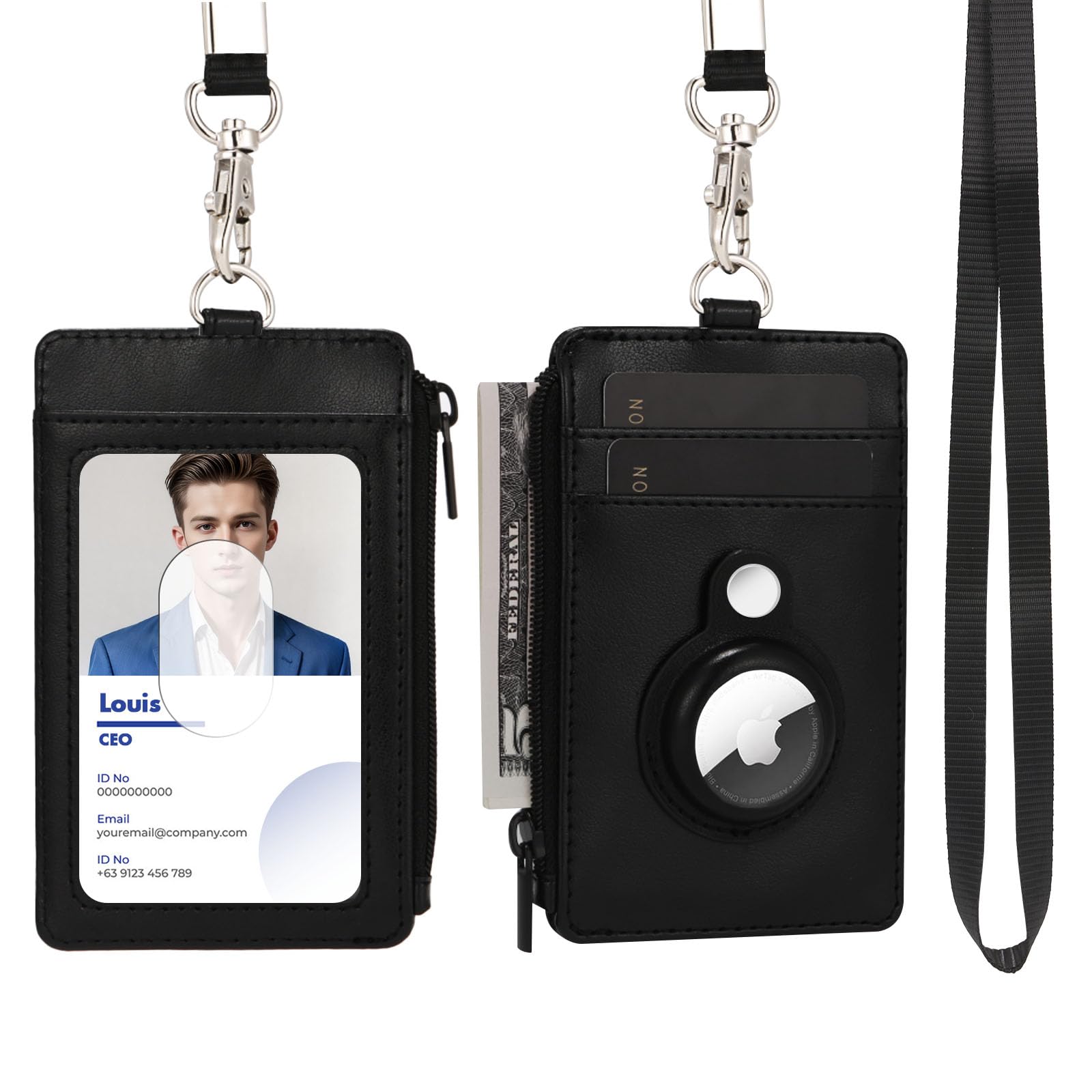 PRETWOYS 2-in-1 Airtag Badge Holder & Slim Minimalist Front Pocket Wallet, PU Leather ID Badge Card Holder with Zipper Pocket & 1 Clear ID Window & 2