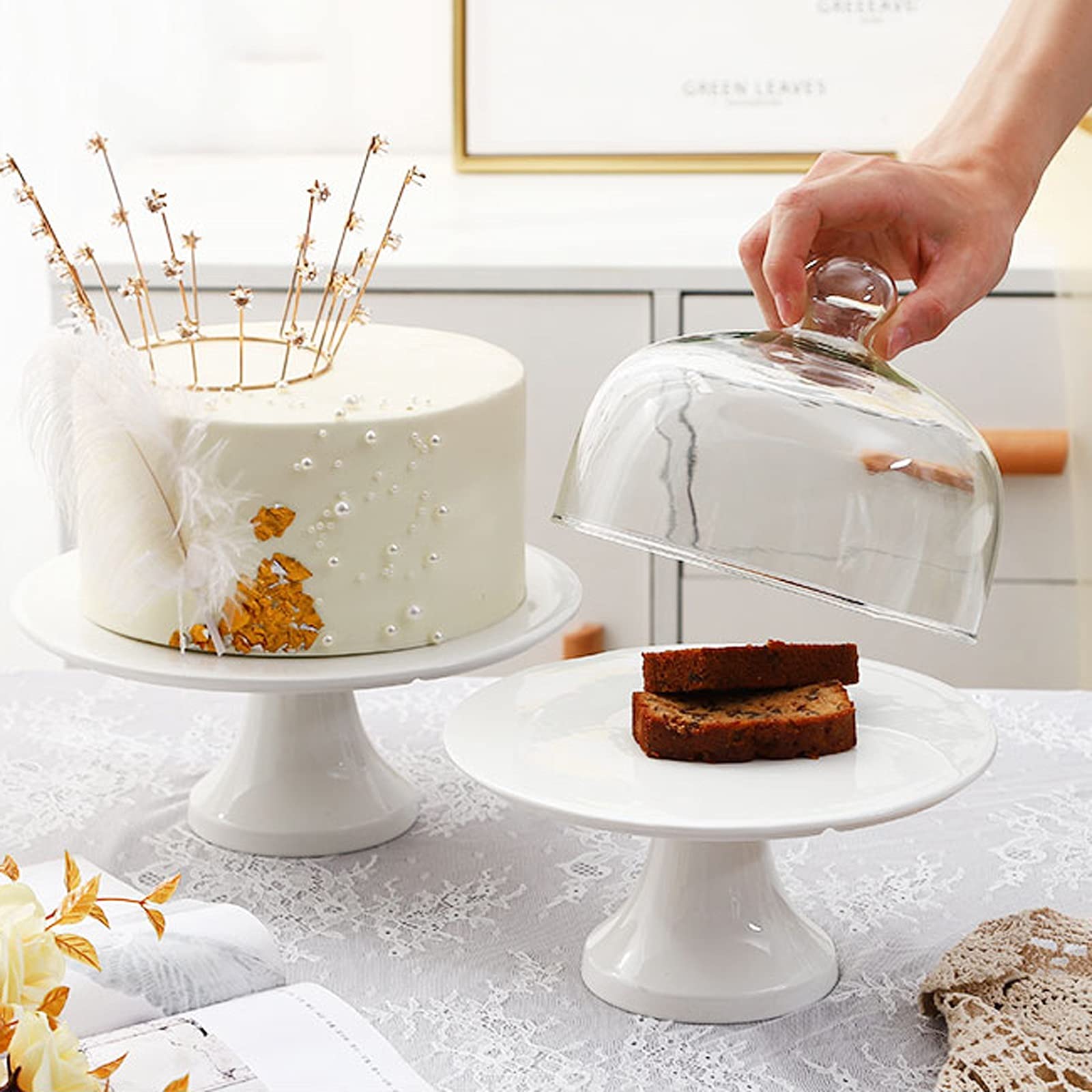 Bandejas para Tartas Soporte de pastel de cerámica con cubierta de vidrio blanco Tarta Talla Table Tabla Multiuso Tarde Tela Torta Pantalla Soporte Soporte Boda Pastelería Bandeja Soporte para Cupcake