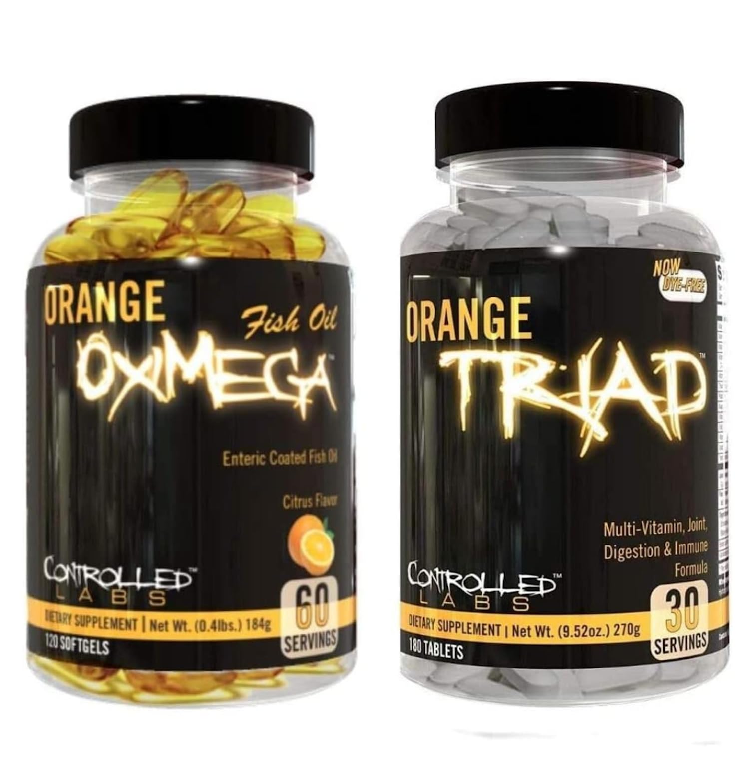 CONTROLLED LABS Overall Health Bundle, 30 Servings Orange Triad, 120 Count Orange Oximega Fish Oil, Muscle Building and Recovery Supplement for Men and Women