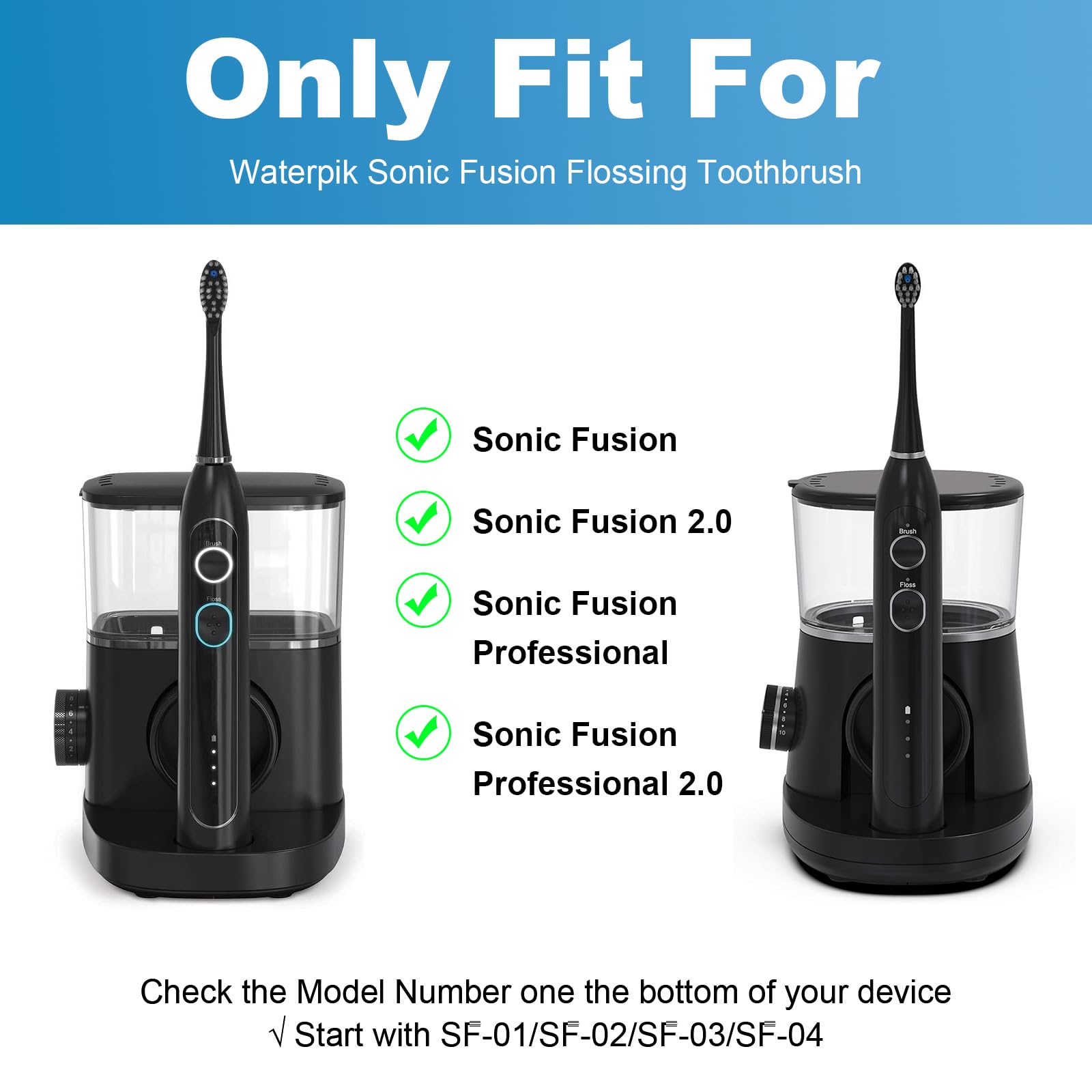 Cabezales de repuesto para cepillo de dientes WaterPik Sonic-Fusion 2.0 (SF-03/SF-04) y cepillo de dientes Sonic-Fusion (SF-01/SF-02), 6 unidades, color negro con cubiertas