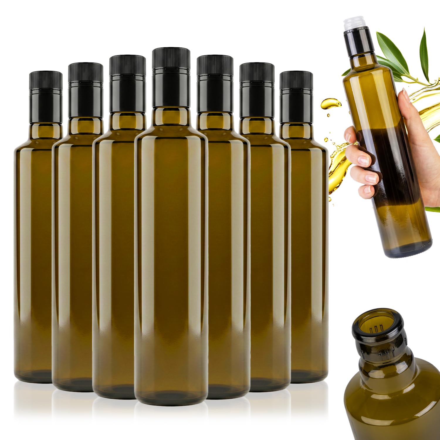 Szklane butelki 500 ml Dorica – oliwkowa zieleń, na olej, ocet i oliwę z oliwek, z dozownikiem – idealne do kuchni, gastronomii i zapasów (20 szt.)