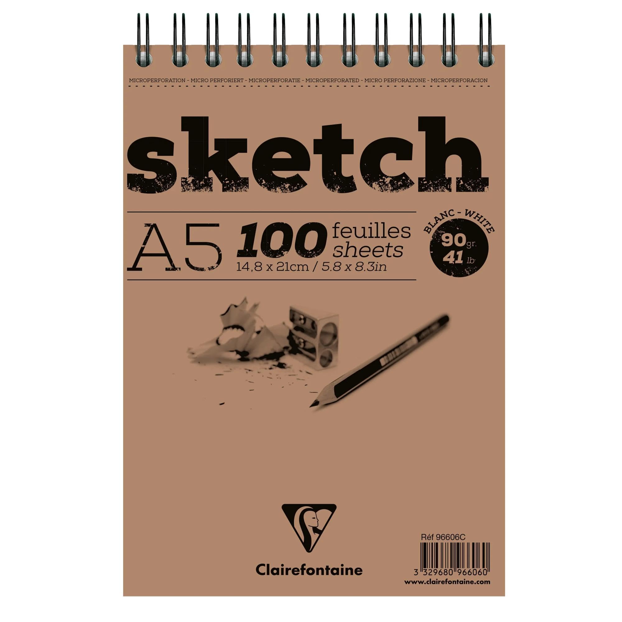 Clairefontaine 96606C – Szkicownik spiralny Sketch – 100 arkuszy białego papieru rysunkowego o bardzo lekkiej fakturze – kartki odrywane – A5 14,8x21 cm – 90 g