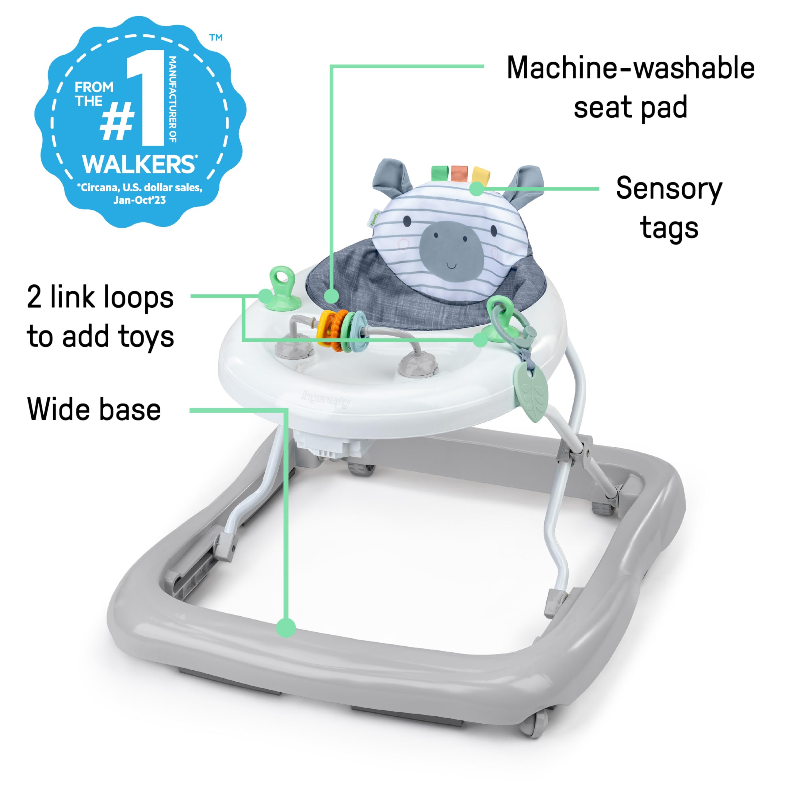 Ingenuity, Trotteur Évolutif Smooth Strides - Chambray, Trotteur avec Activités, 3 Hauteurs Réglables, Arc d'Activités Ajustable avec Jouets Inclus, pour Bébé de 6 à 12 Mois